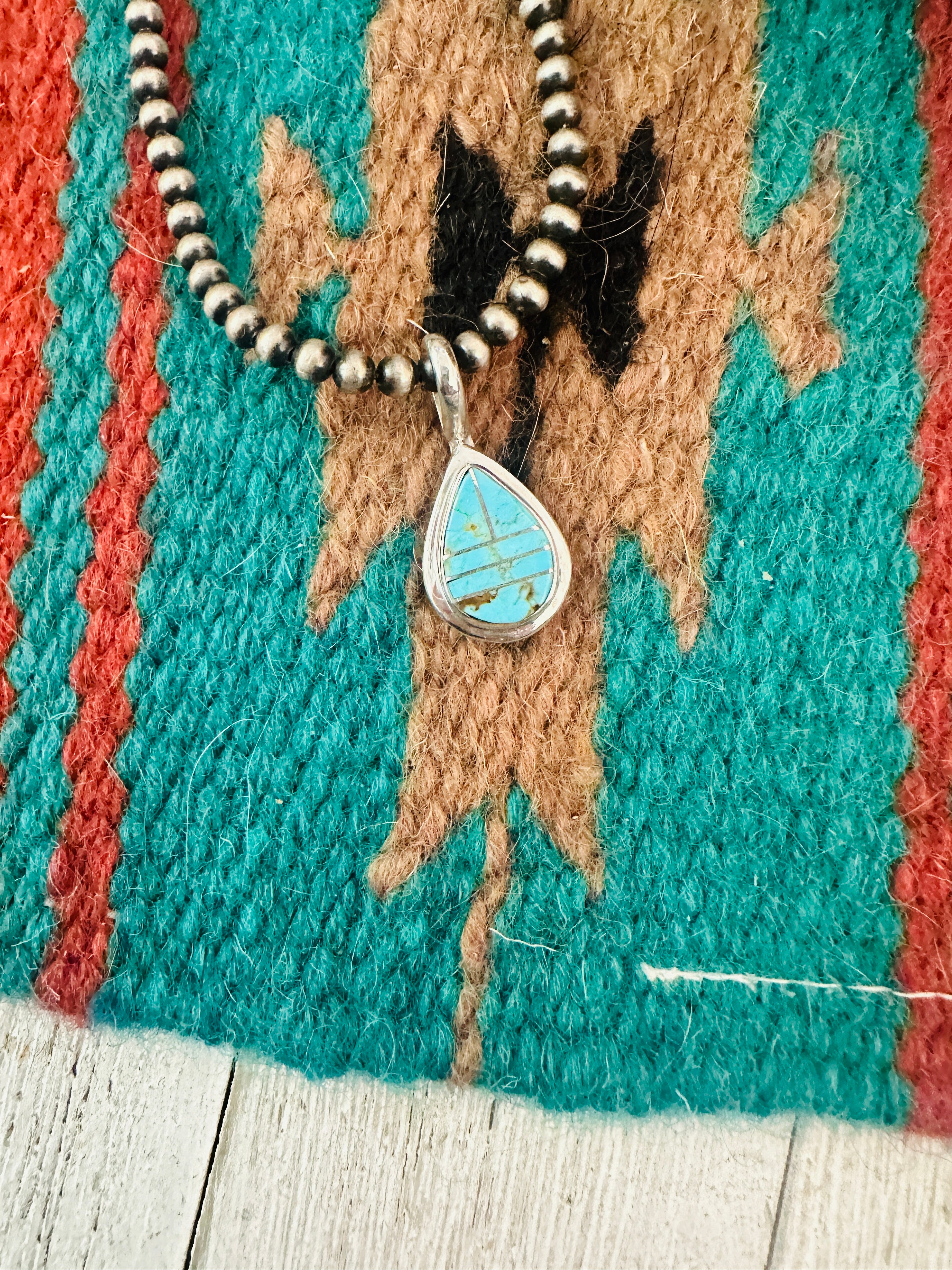 Navajo Turquoise and Sterling Silver Inlay Teardrop Pendant