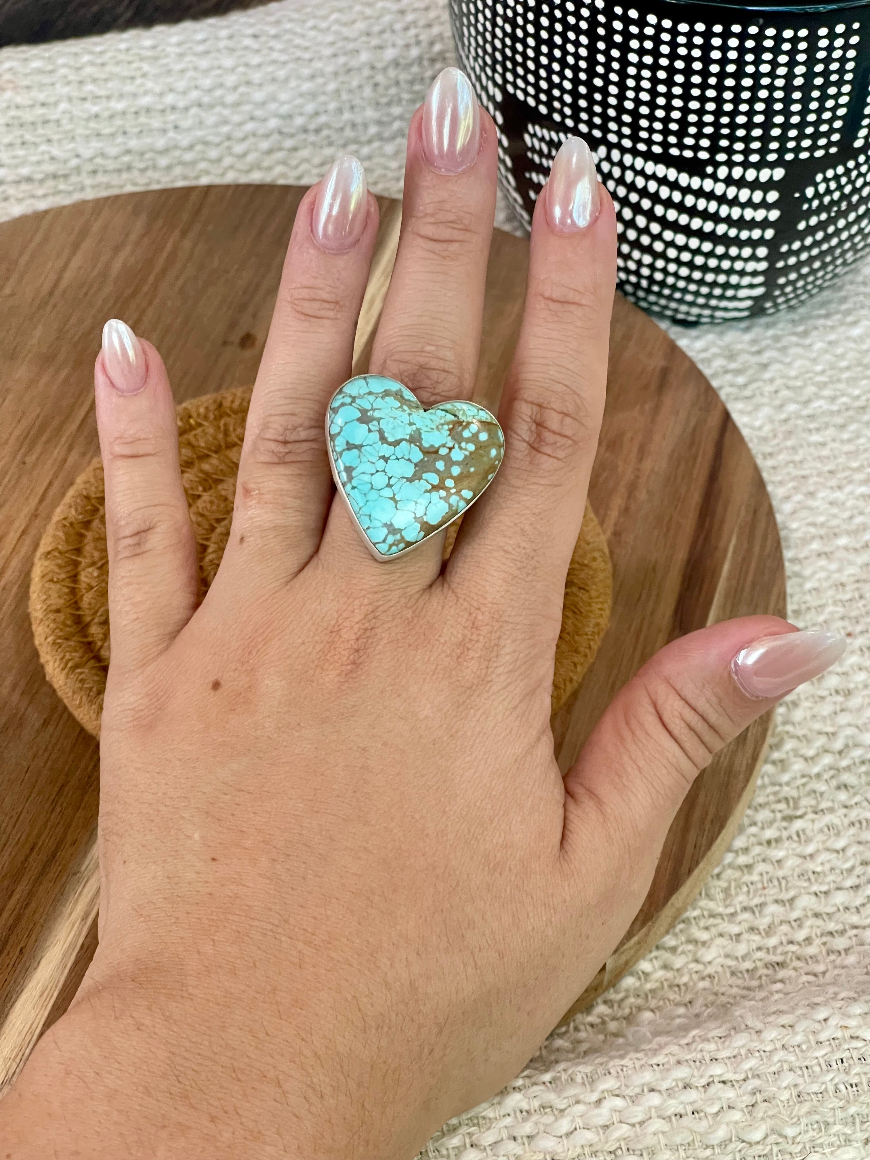 Gorgeous Handmade Sterling Silver & Number 8 Turquoise Adjustable Heart Ring