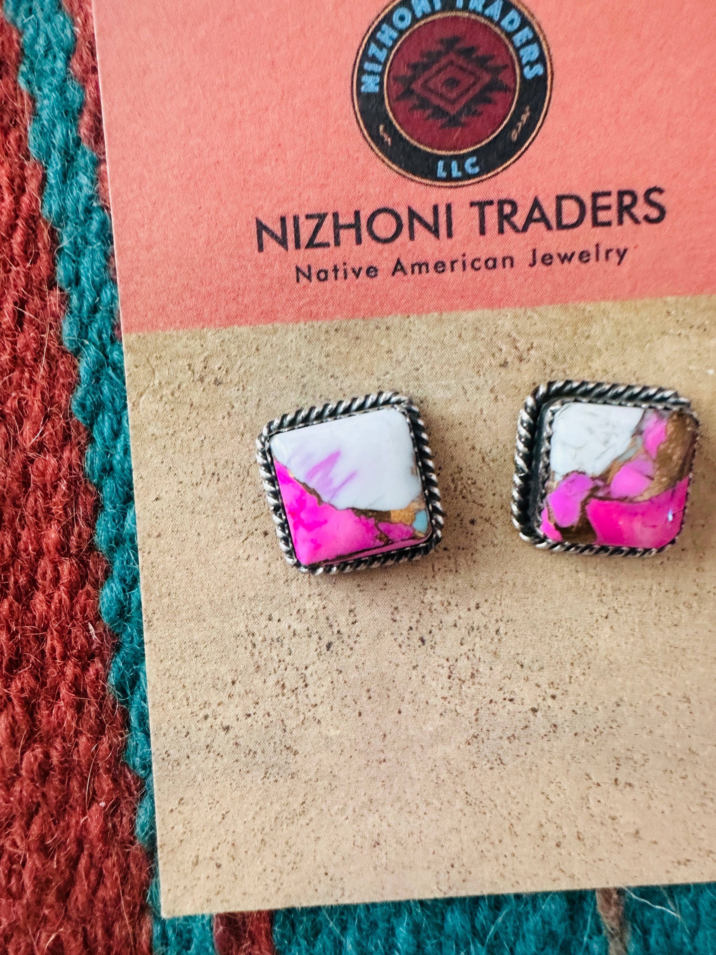 Handcrafted Cotton Candy and Sterling Silver Stud Earrings- Pink