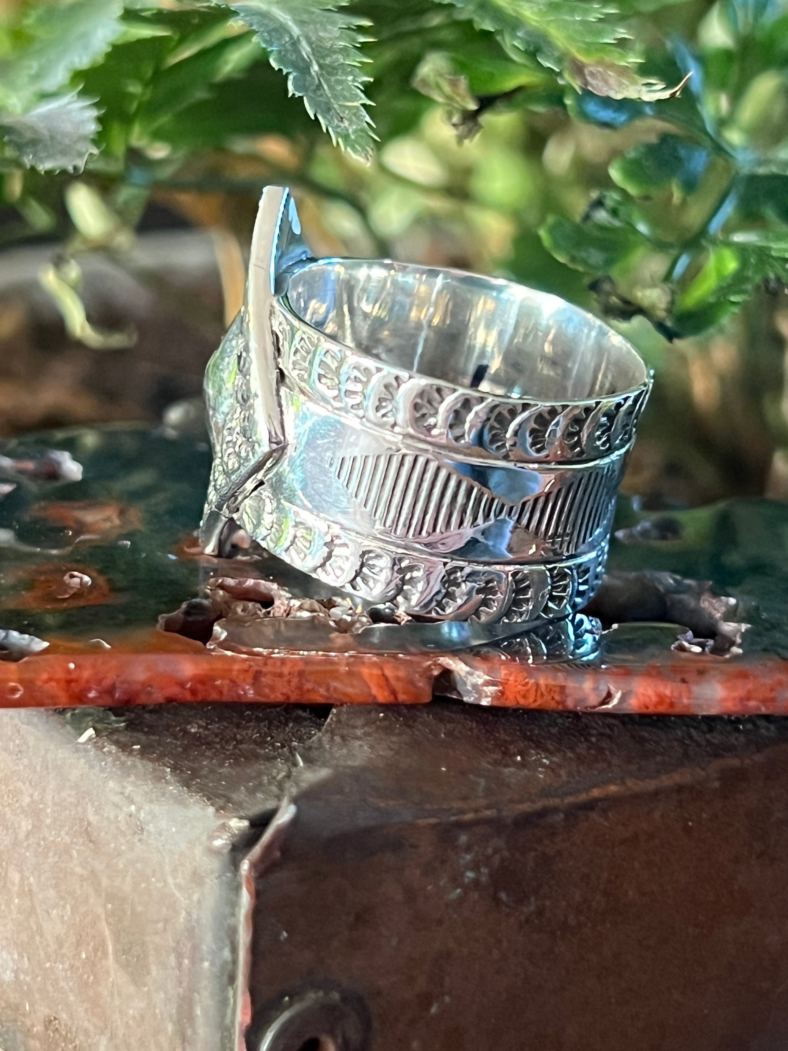 Handcrafted Hand Stamped Sterling Silver Diamond Motif Wide Shank Ring by Shaun Rogers, Size 11.5