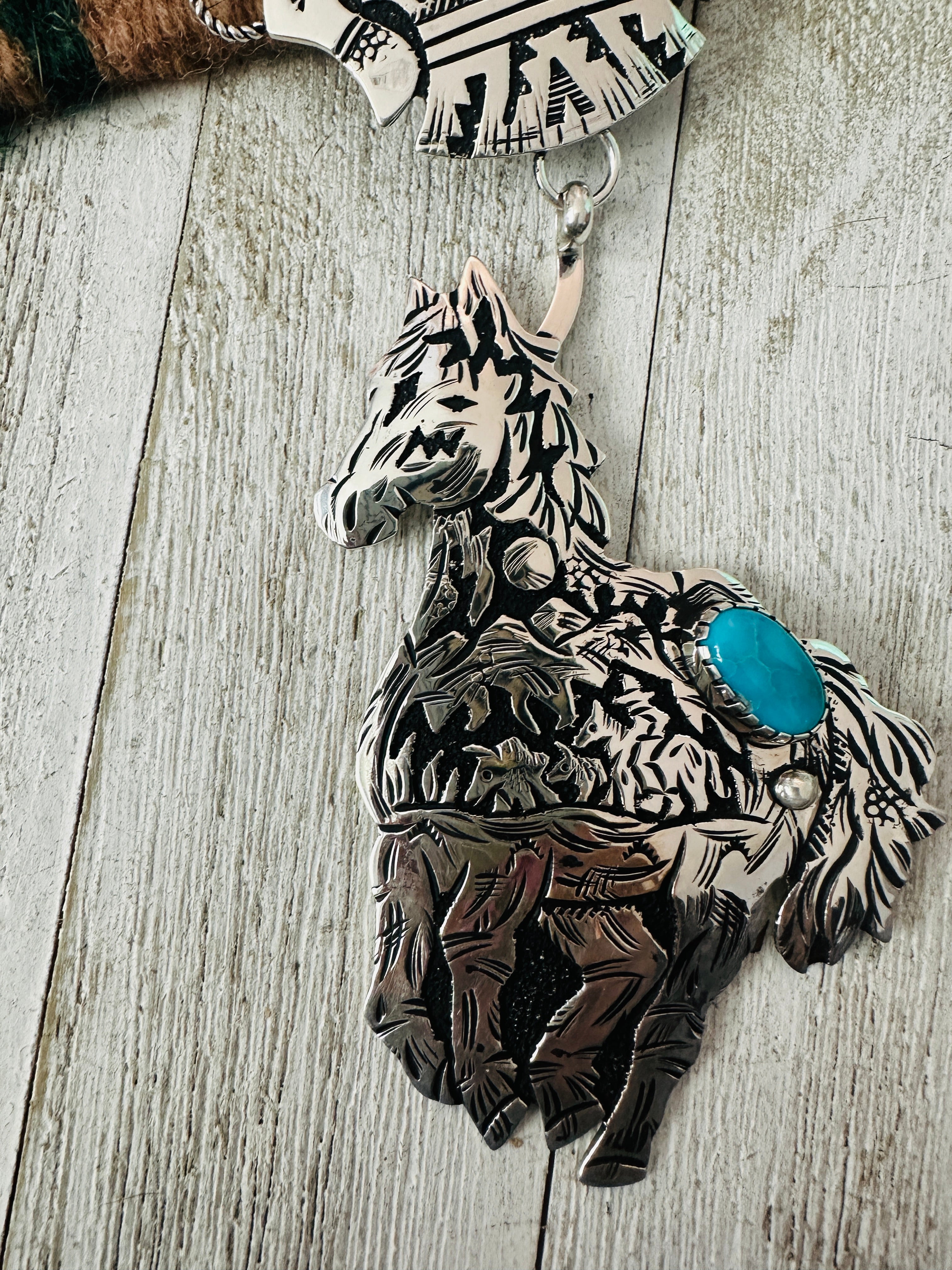 Navajo Sterling Silver & Turquoise Horse Necklace by Richard Singer