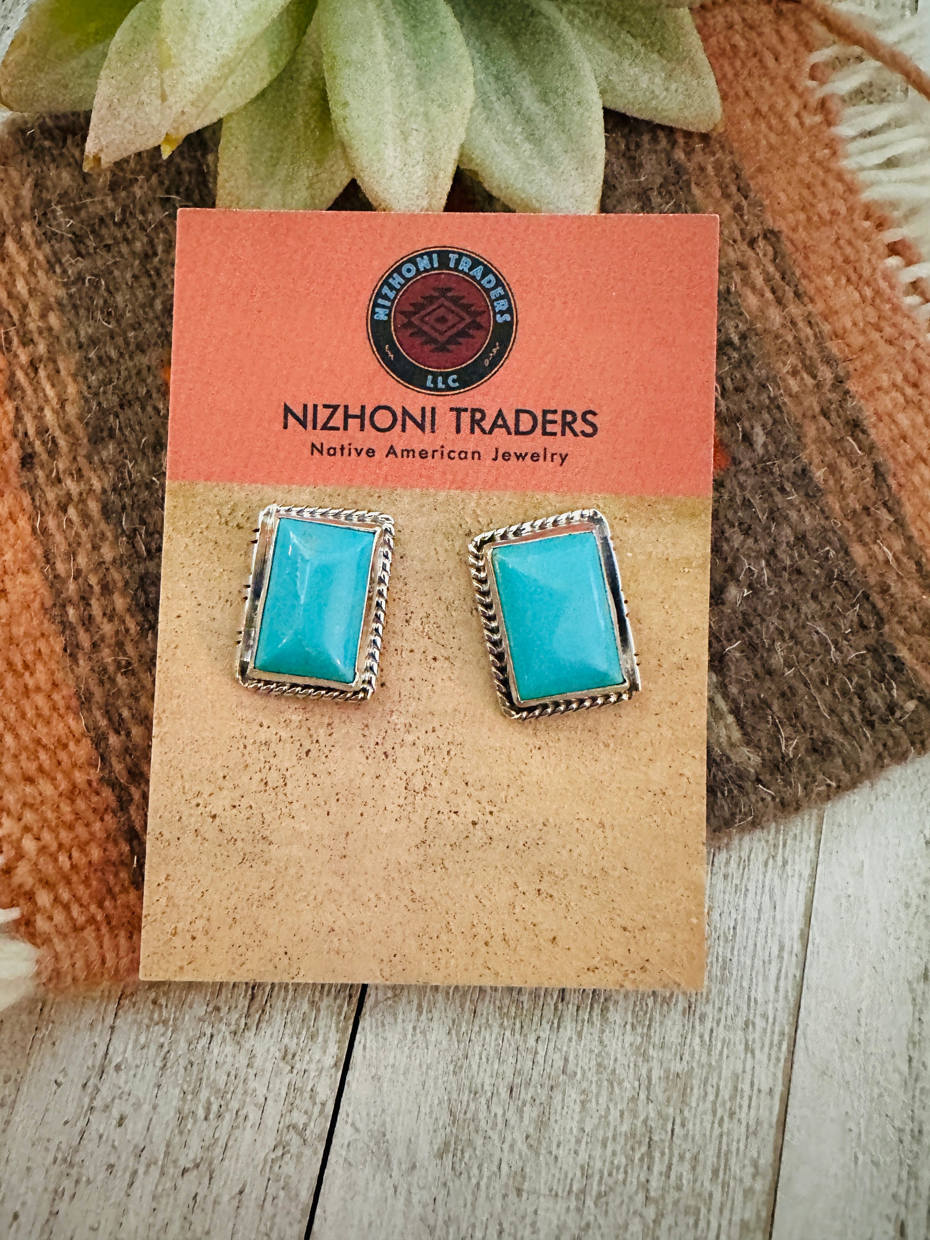 Navajo Turquoise & Sterling Silver Rectangle Post Earrings