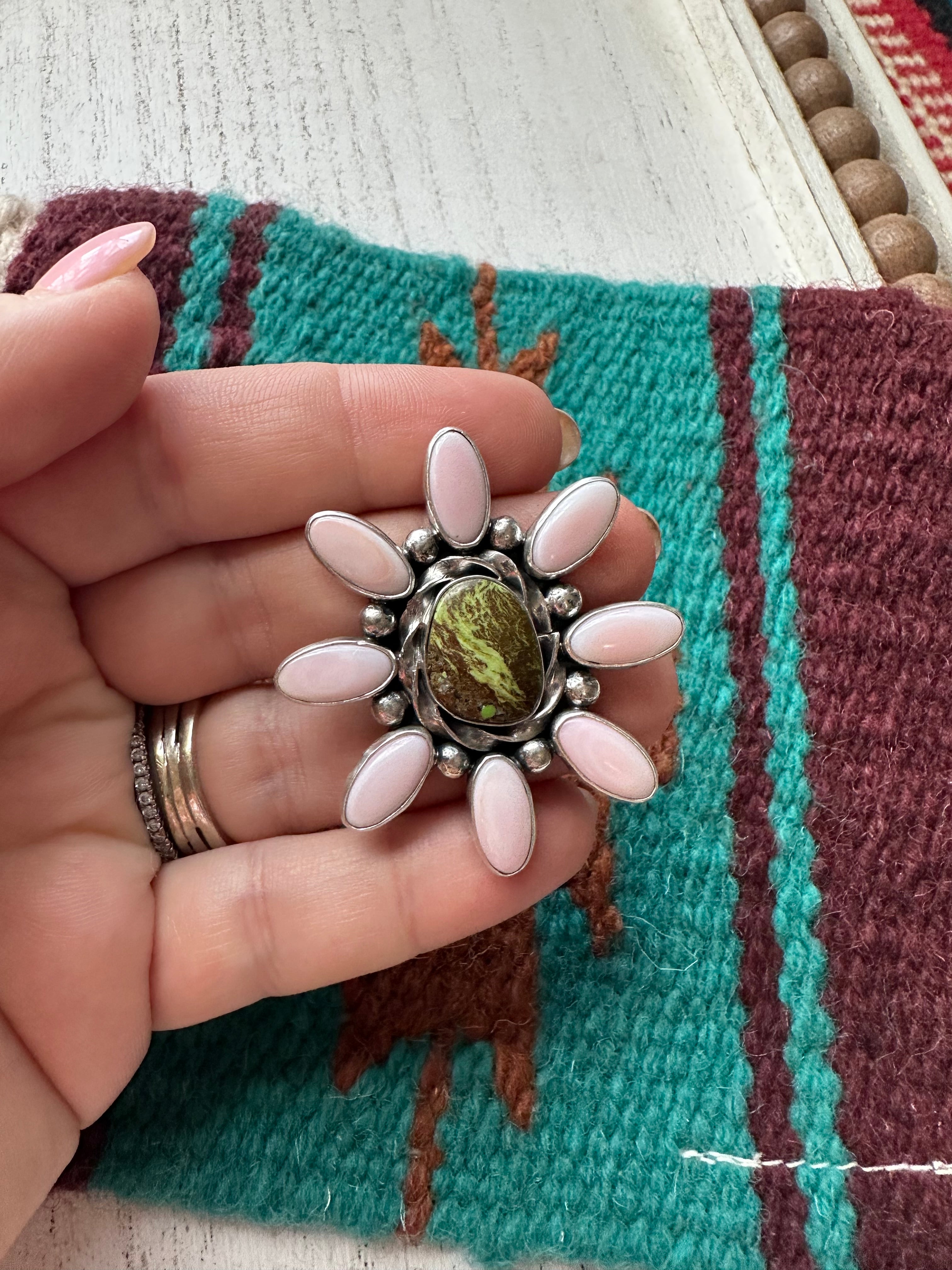 “Pink Blossom” Gorgeous Navajo Turquoise, Pink Conch And Sterling Silver Adjustable Flower Ring Signed