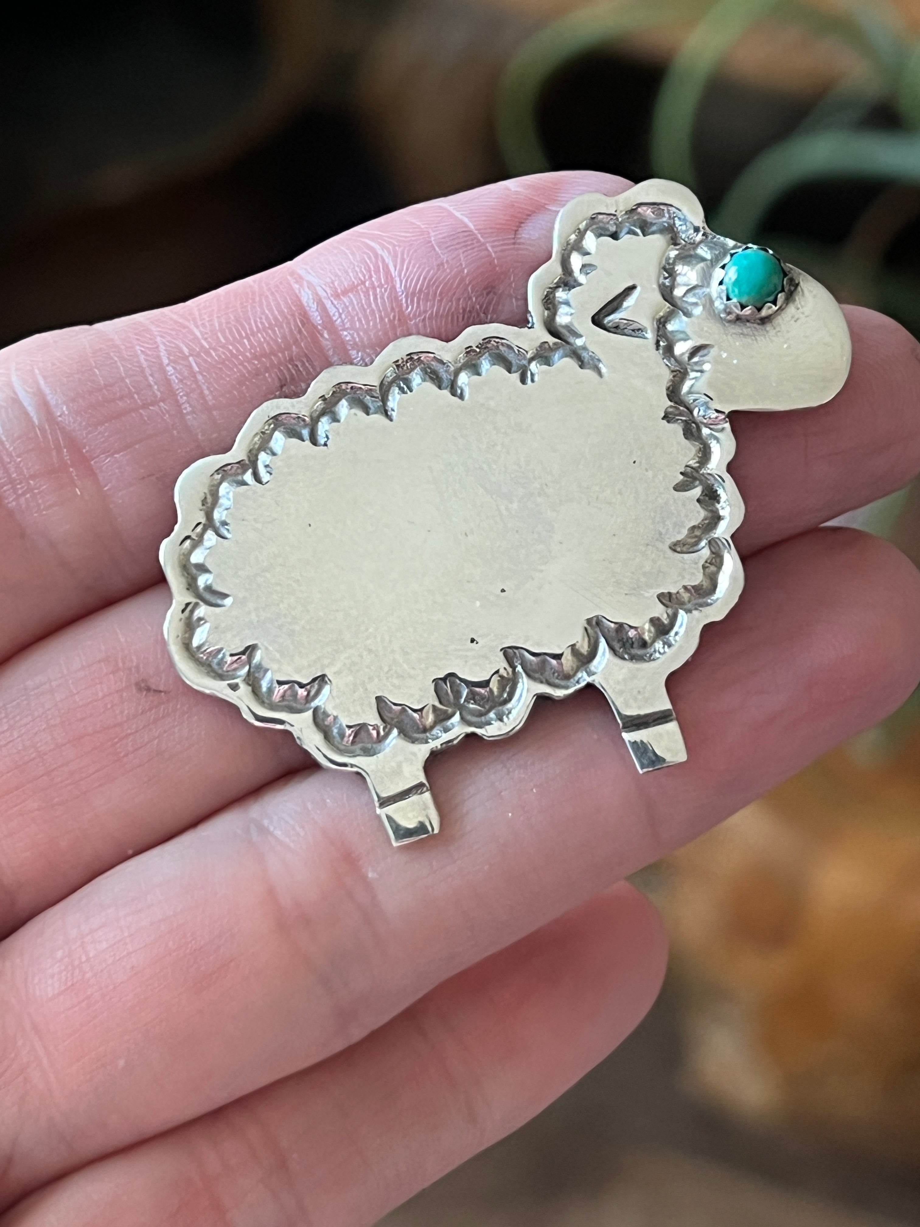 Hand Stamped Sterling Silver and Turquoise Sheep Brooch by Robby Manuelito