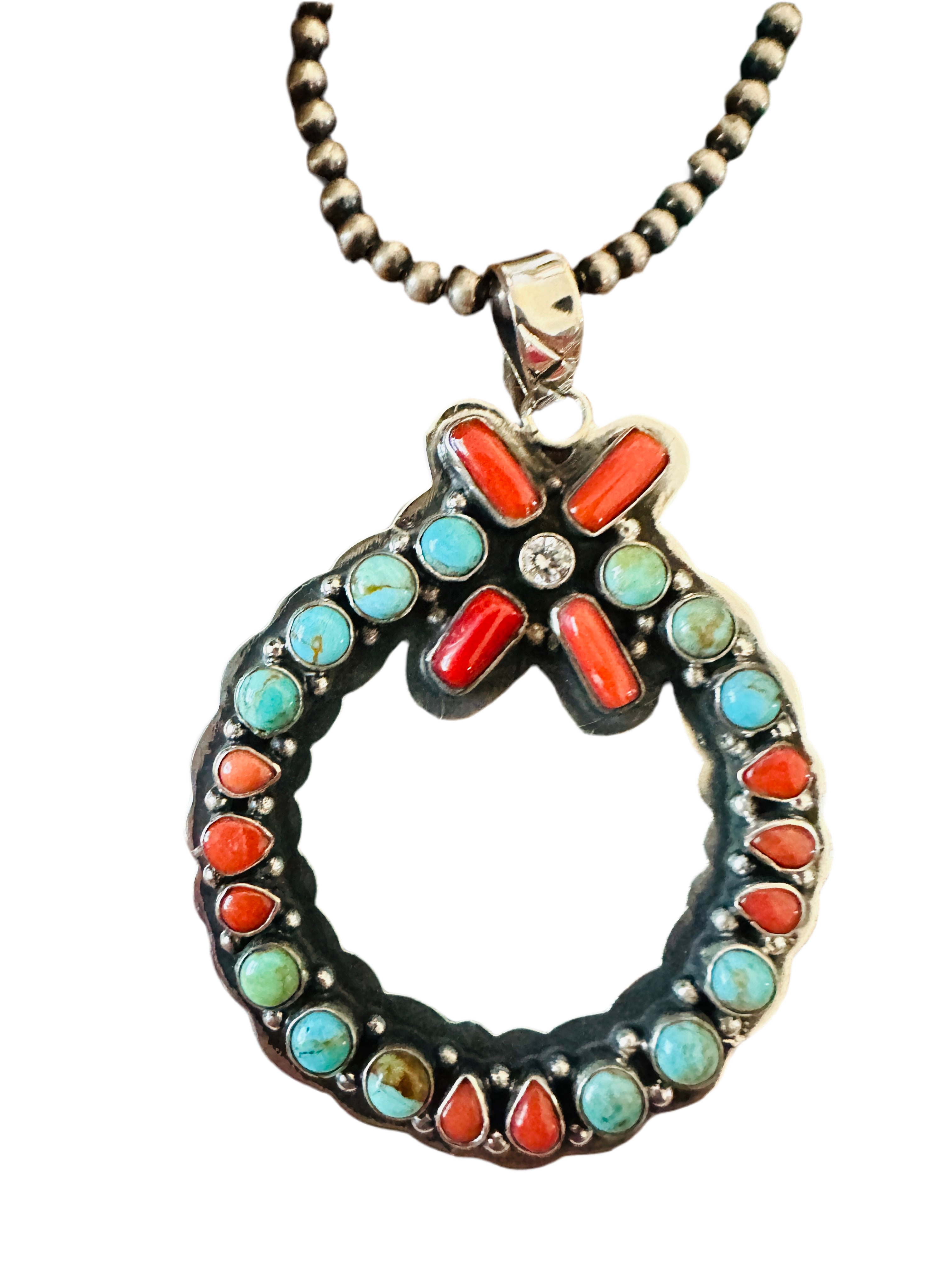 ** Christmas Collection ** Handmade Sterling Silver, Turquoise, Coral & CZ Wreath Pendant Signed Nizhoni