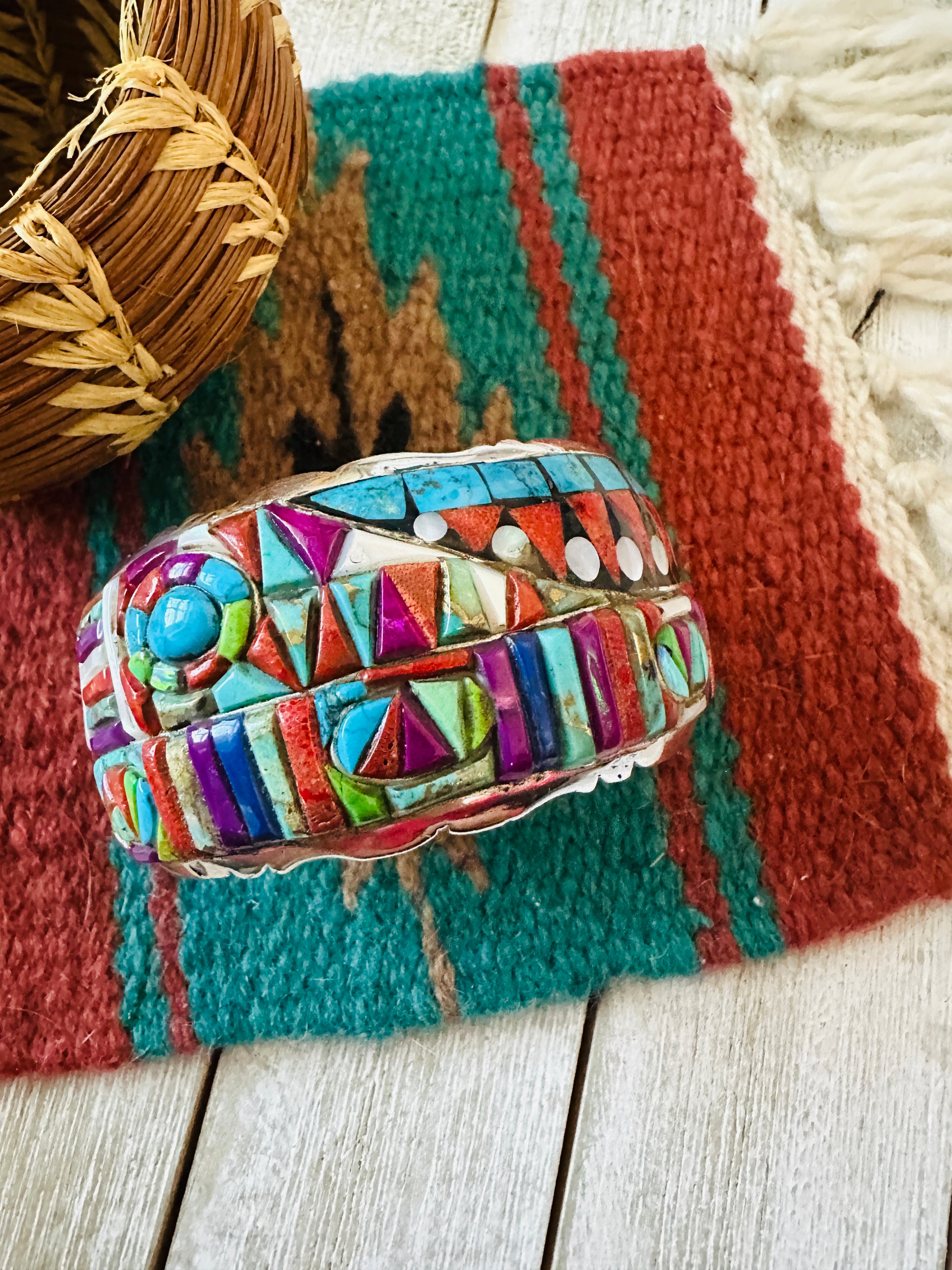 Handmade Sterling Silver Multi Stone Inlay Cuff