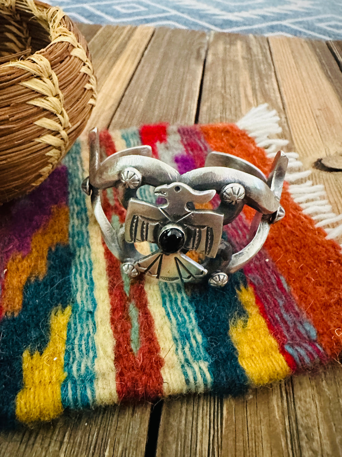 Handcrafted Sterling Silver & Onyx Oyster Thunderbird Cuff Bracelet by Chimney Butte