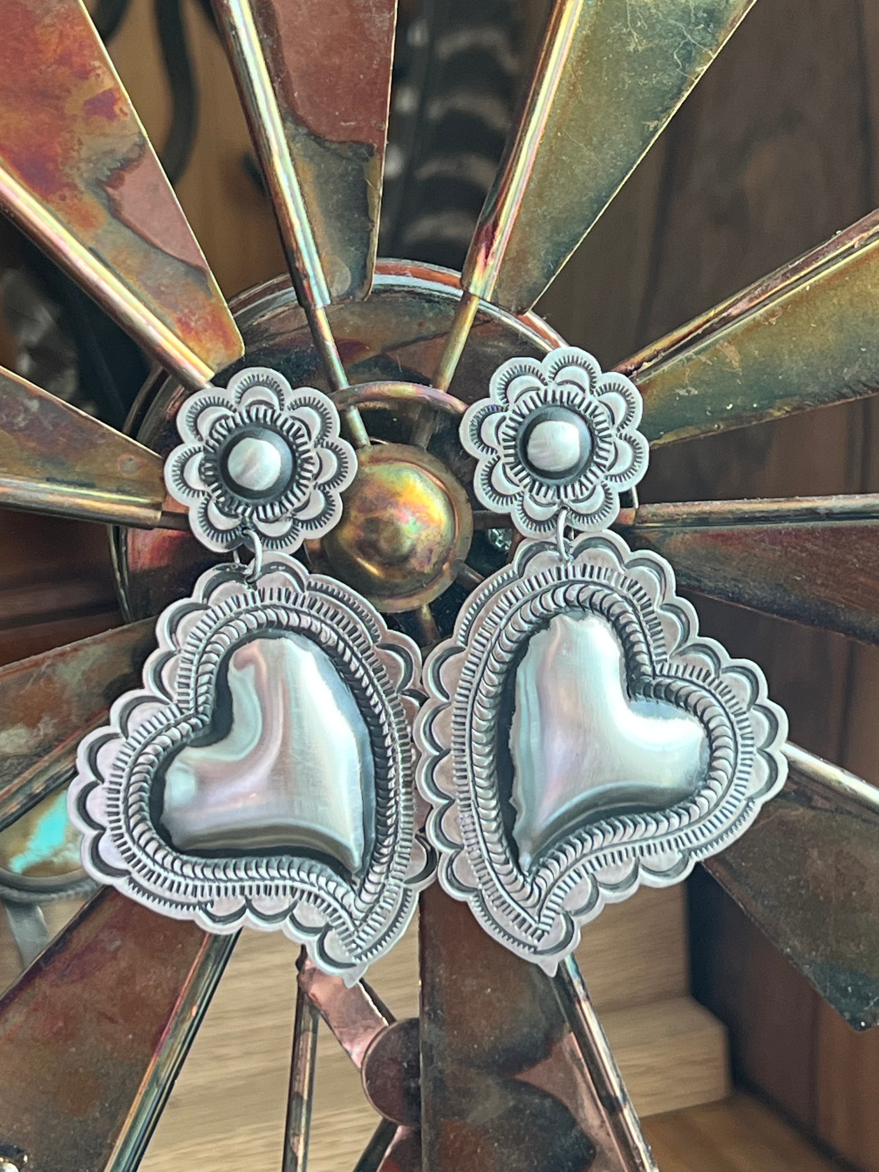 Handcrafted crafted Sterling Silver Stamped Repousse Heart Earrings by Leander Tahe, AH1