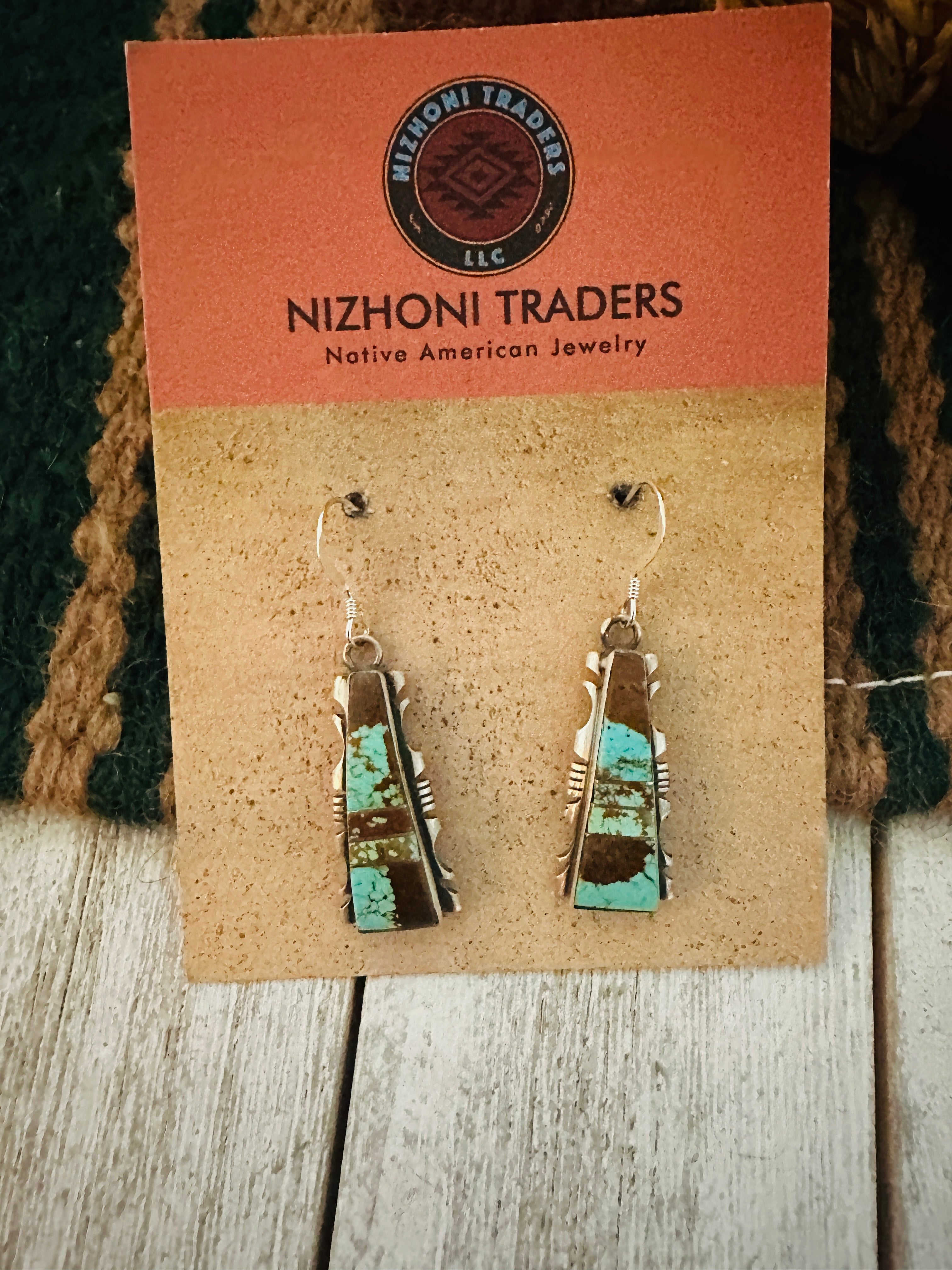 Navajo Number 8 Turquoise And Sterling Silver Inlay Dangle Earrings