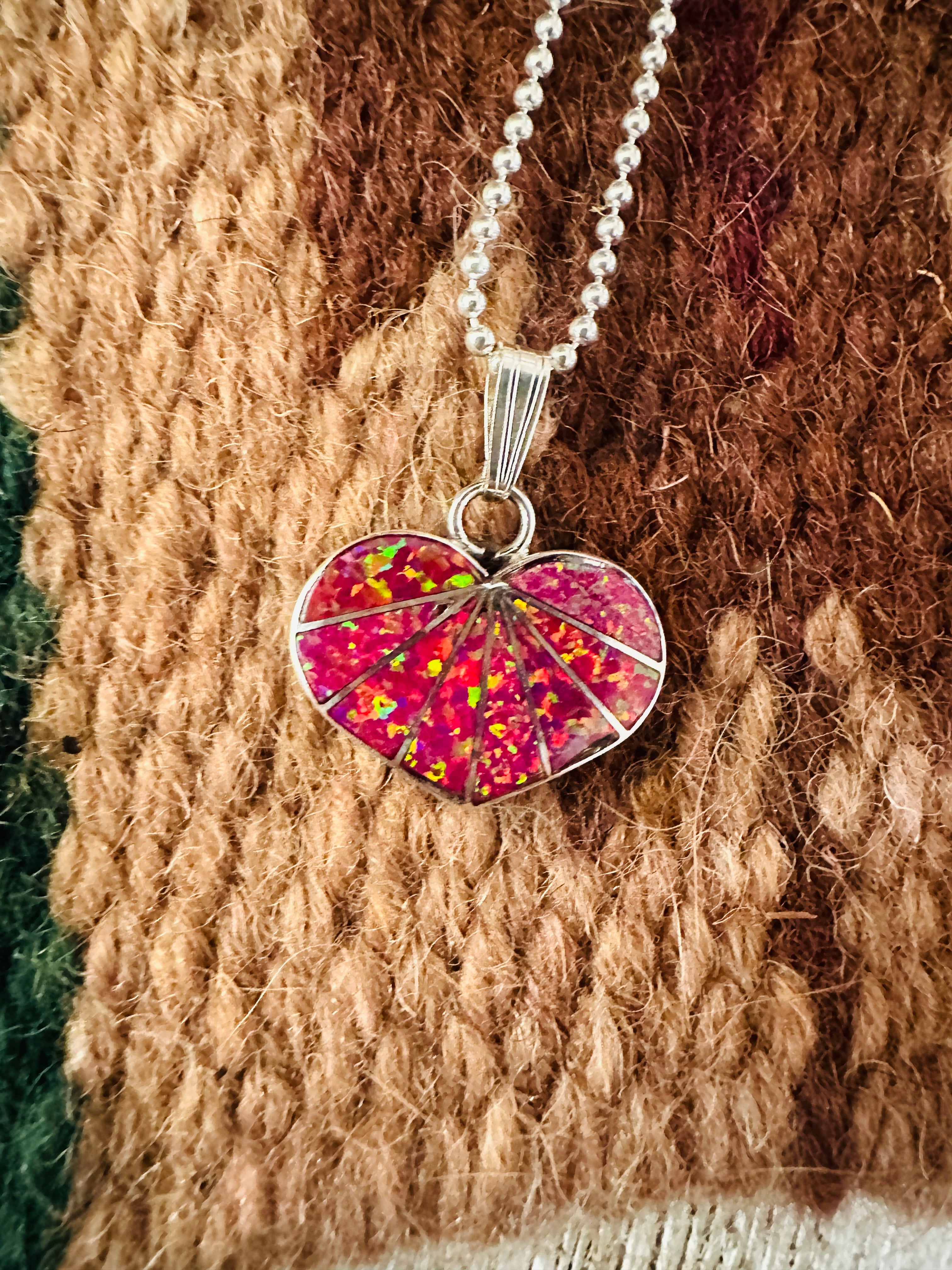 Handcrafted Hot Pink Opal & Sterling Silver Inlay Heart Pendant