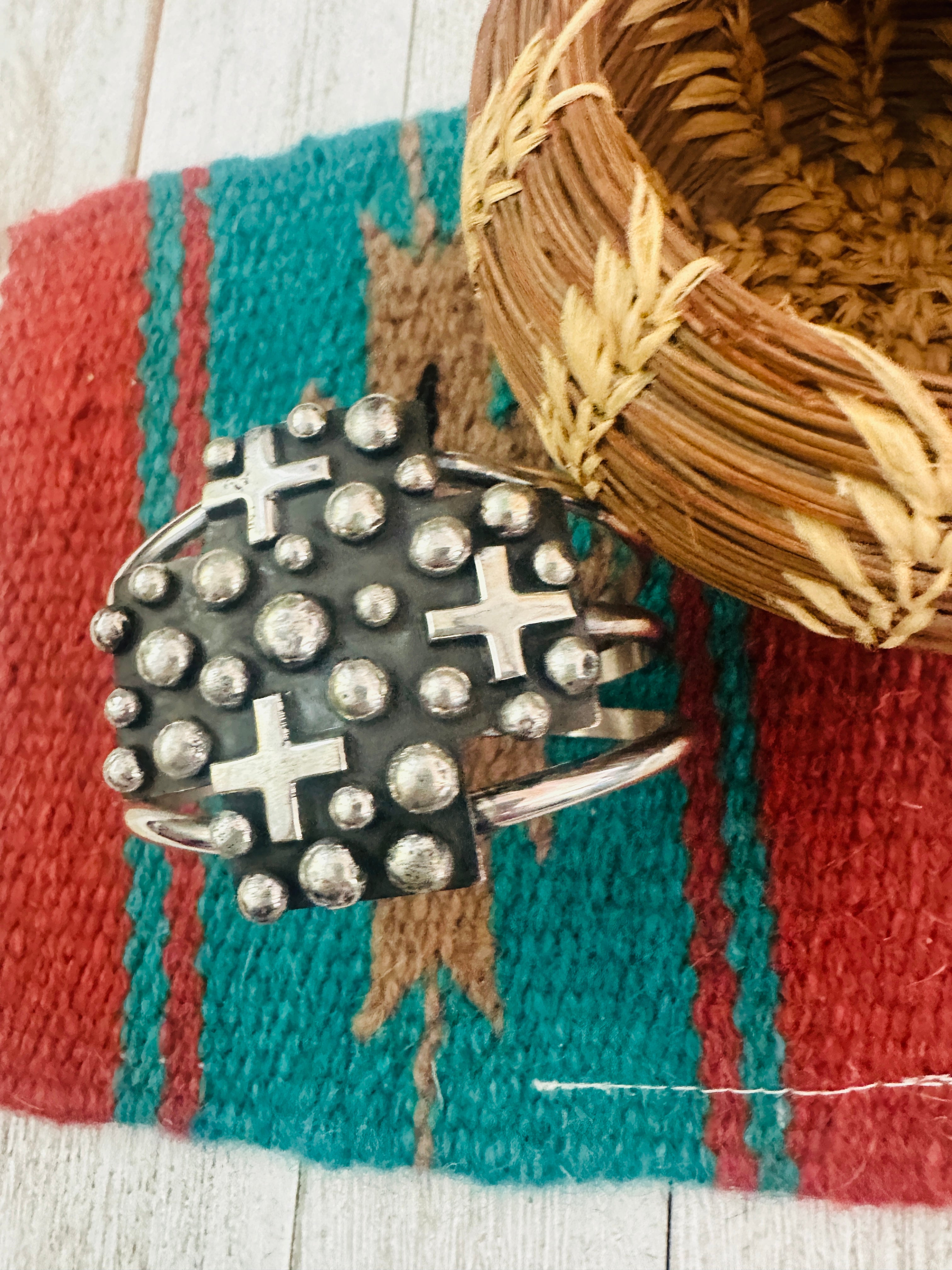 Navajo Hand Stamped Sterling Silver Cross Cuff Bracelet By Chimney Butte