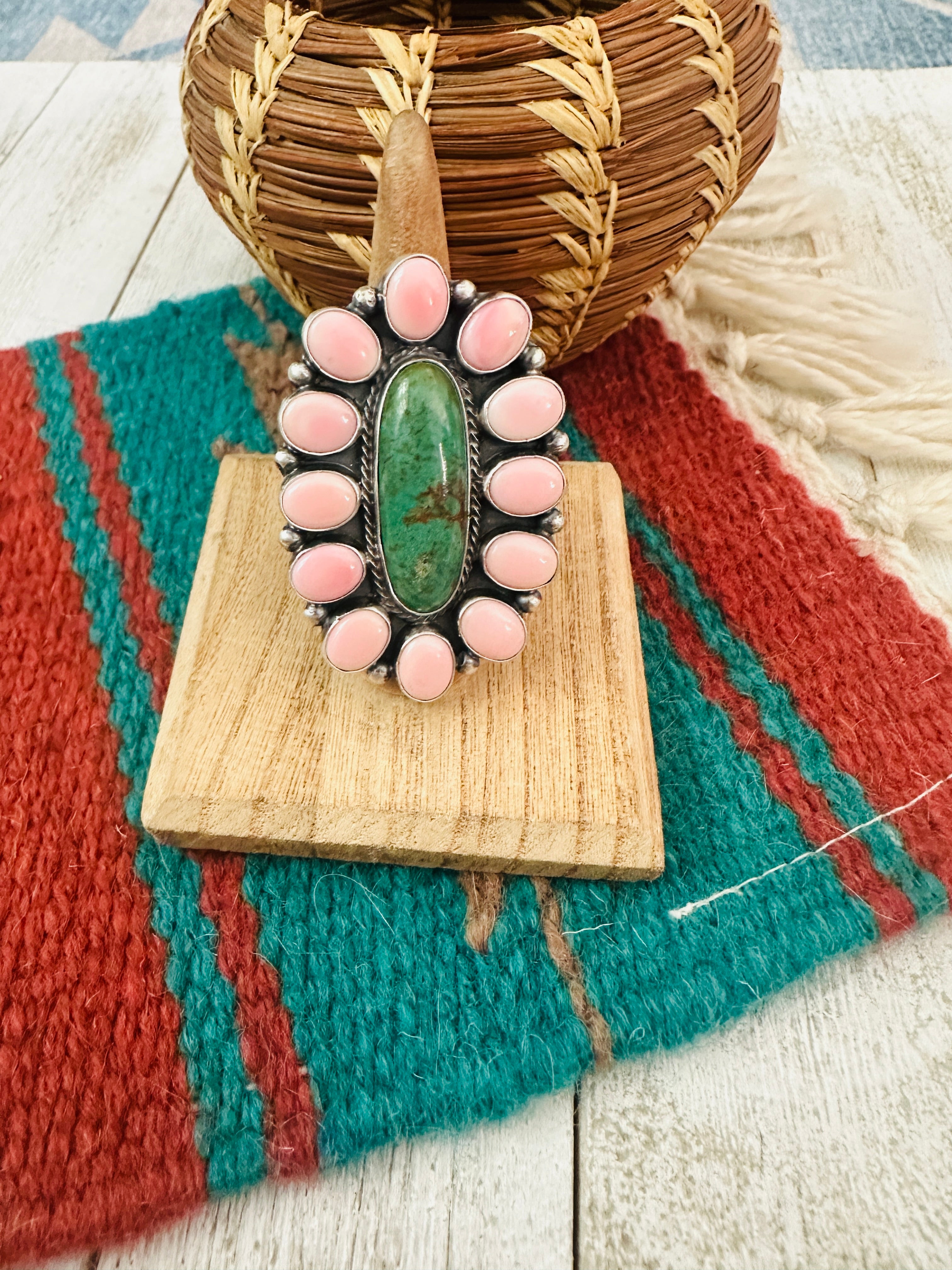 Navajo Sterling Silver, Queen Pink Conch Shell & Turquoise Cluster Ring Size 7