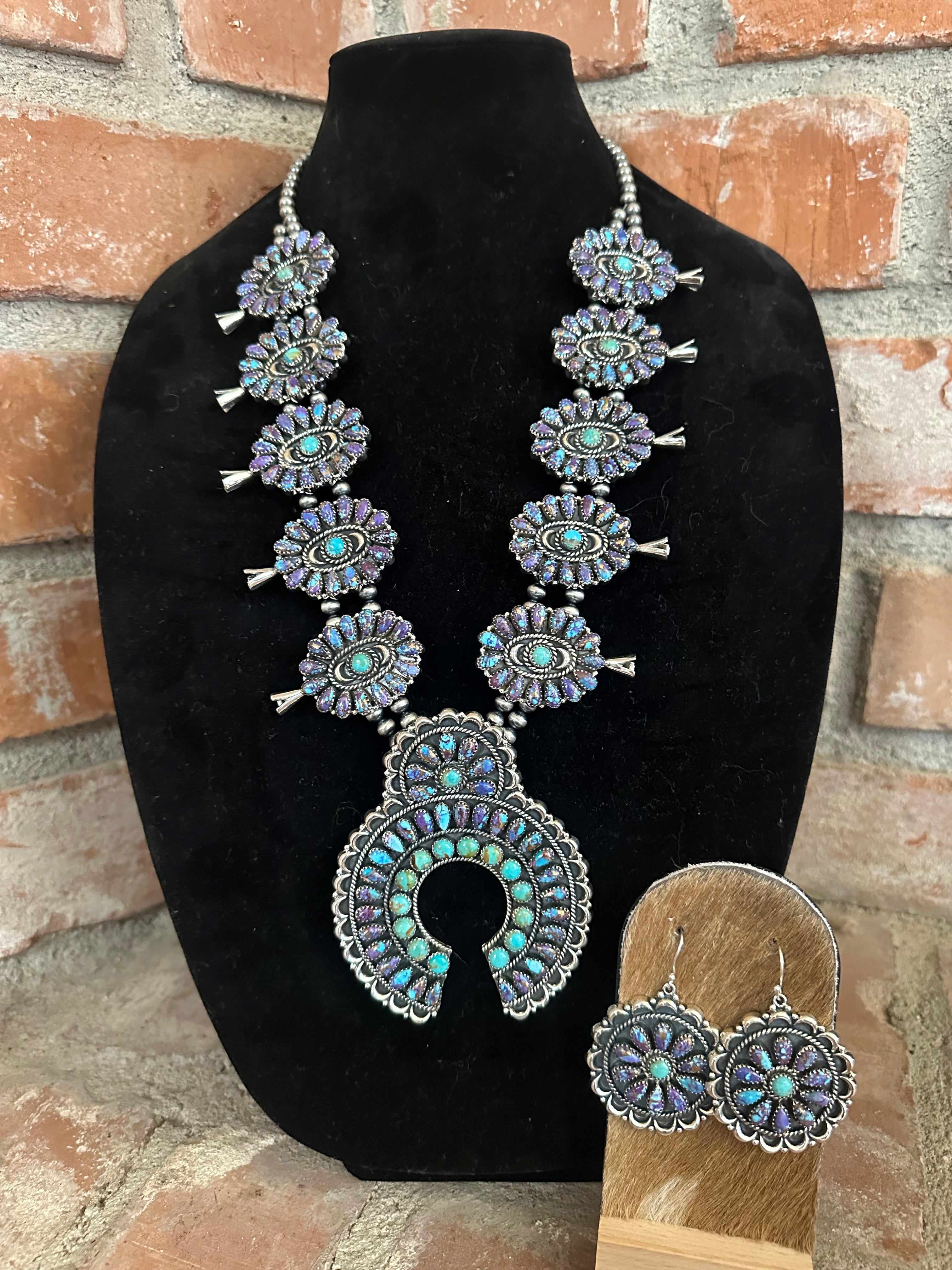 Handmade Sterling Silver, Purple Dream Mojave & Turquoise Squash Blossom Necklace Set Signed Nizhoni