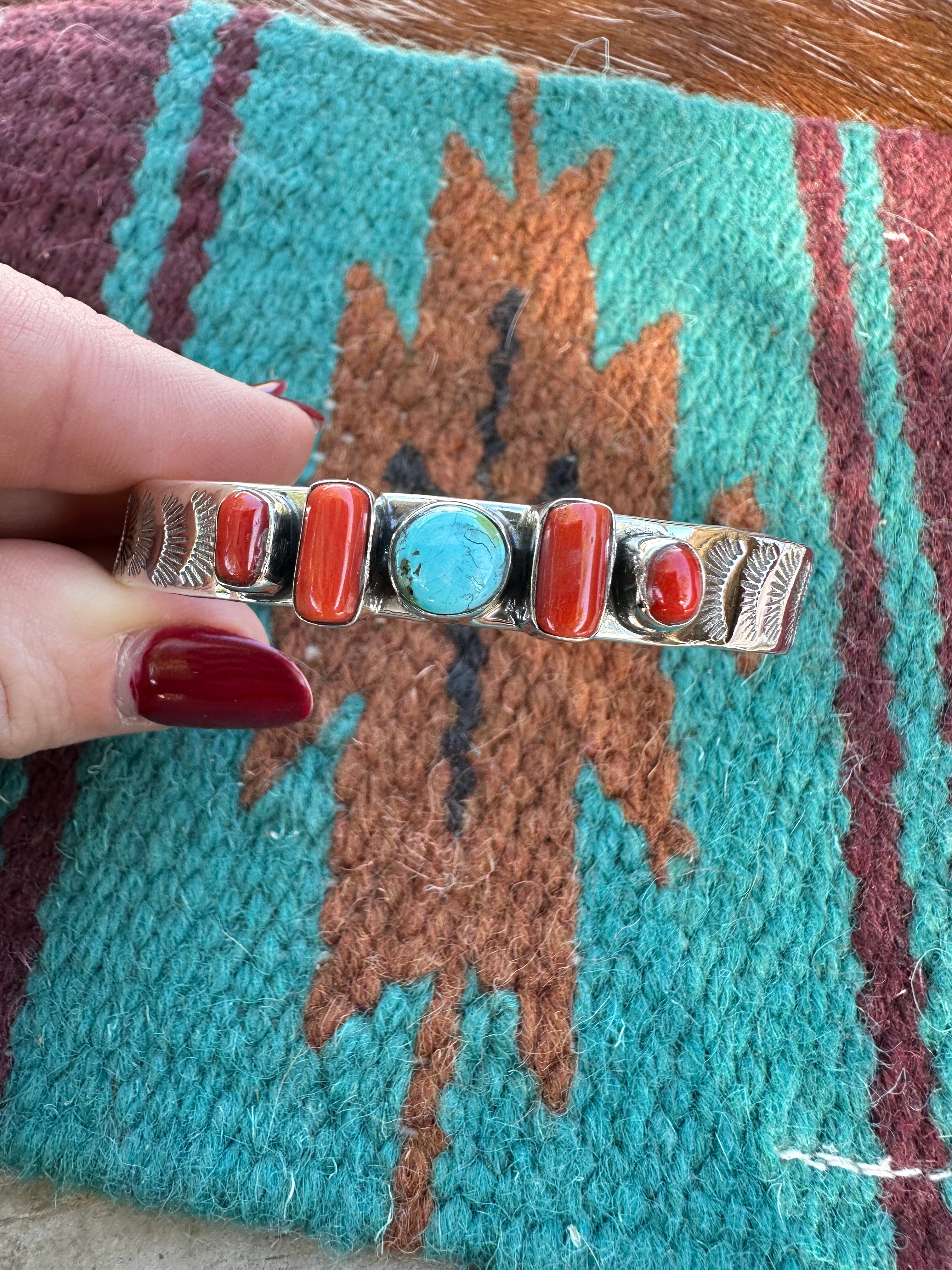 Handmade Sterling Silver, Coral & Sonoran Mountain Turquoise Cuff Bracelet Signed Nizhoni style 5