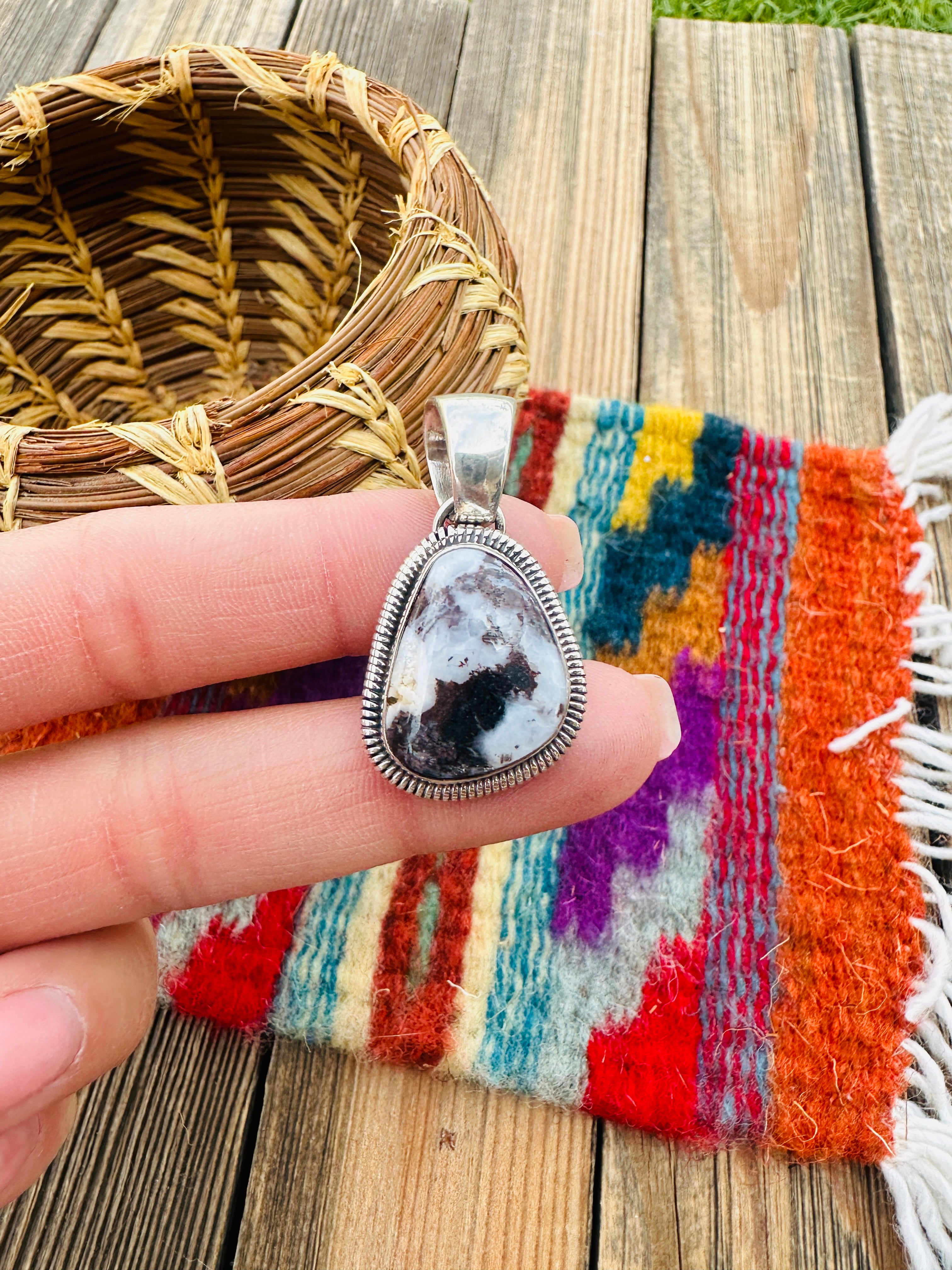 Handcrafted Sterling Silver & White Buffalo Pendant by Wydell Billie