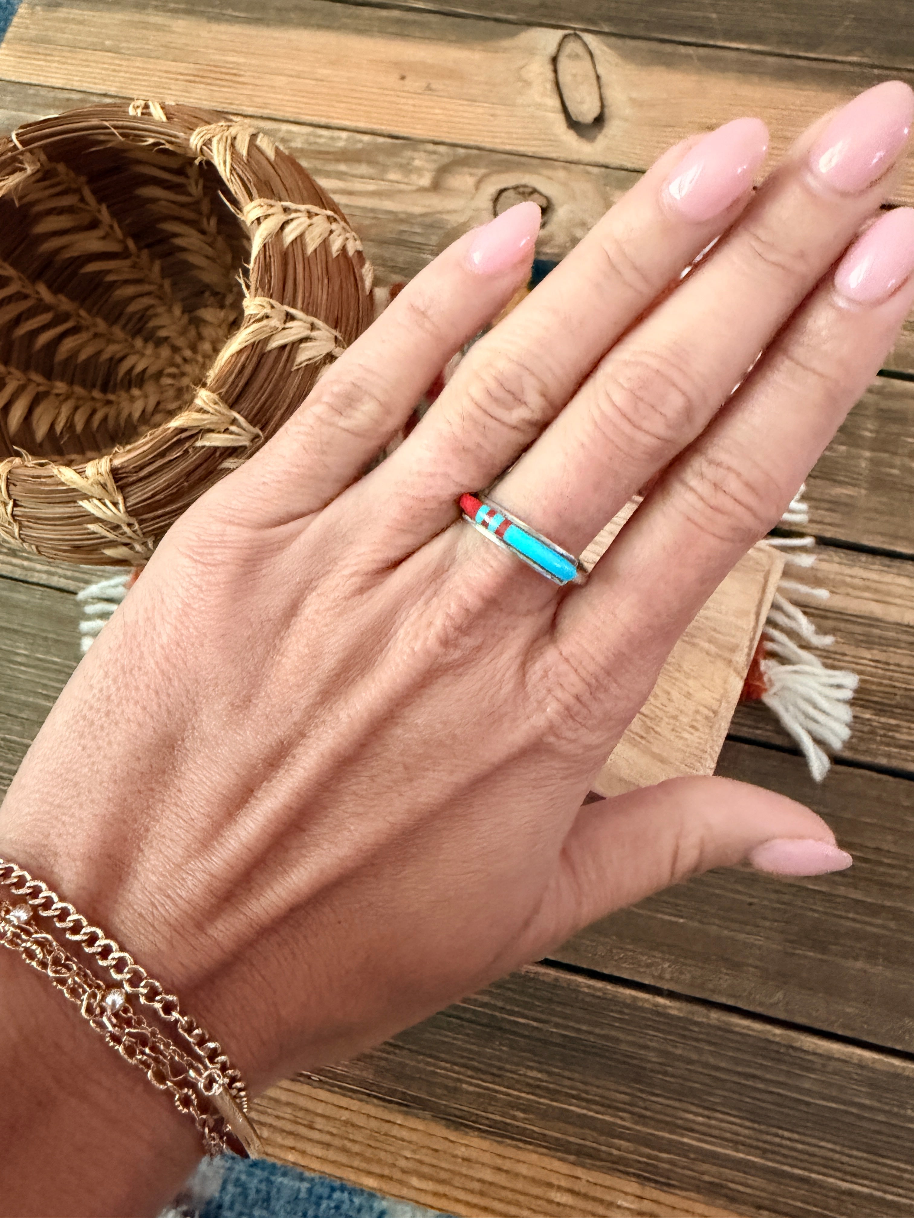 Old Pawn Handcrafted Turquoise, Coral & Sterling Silver Inlay Band Ring Size 9