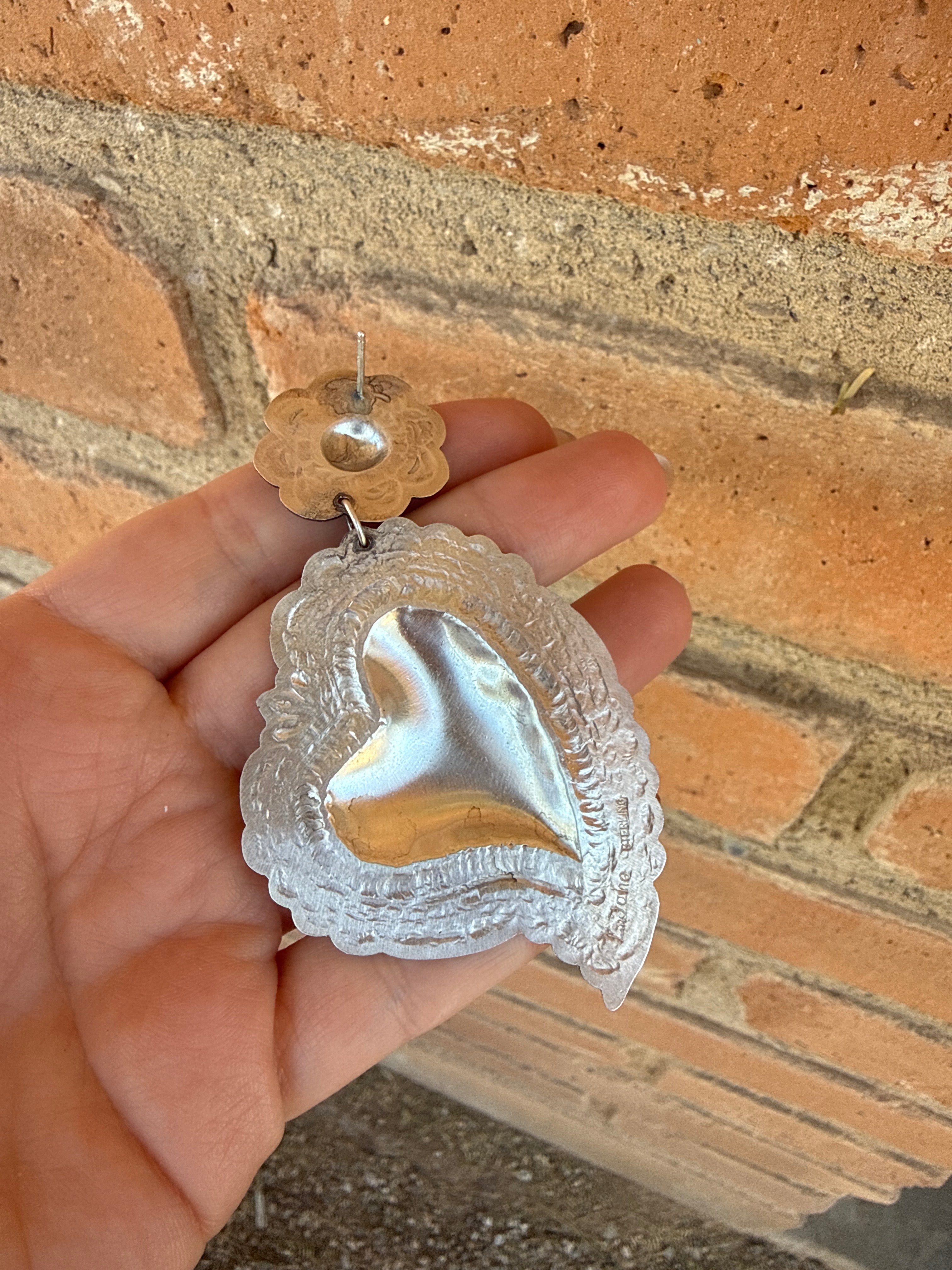 Handcrafted Sterling Silver Concho Heart Dangle Earrings by Leander Tahe