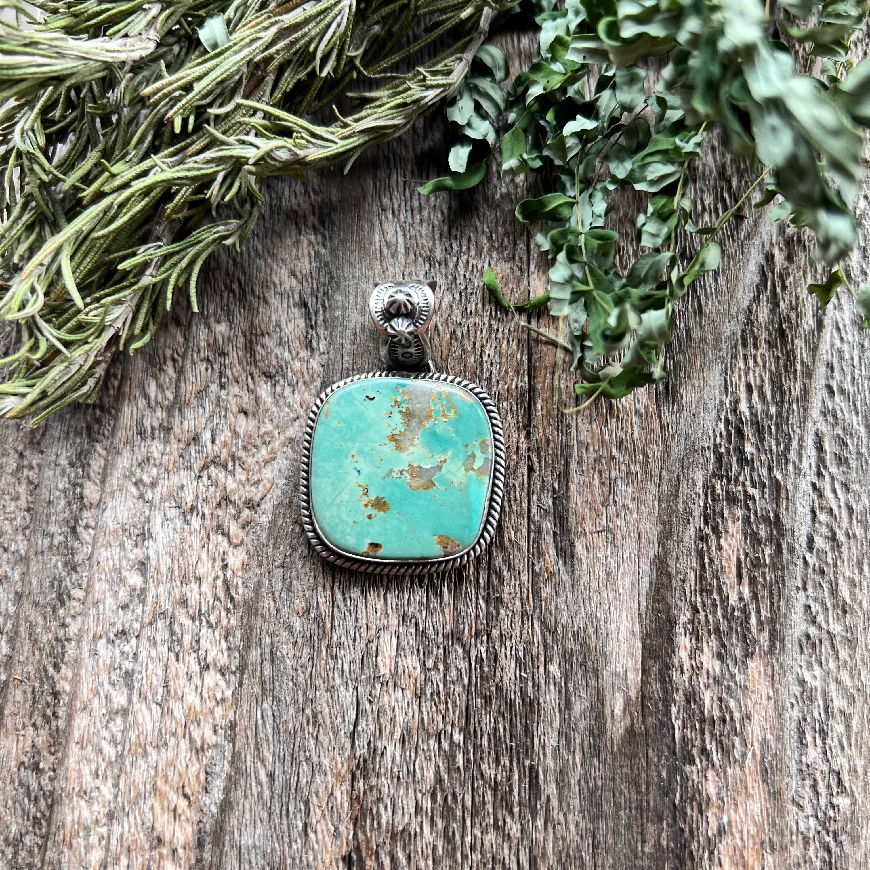 Handmade Green Turquoise Square Sterling Silver Pendant