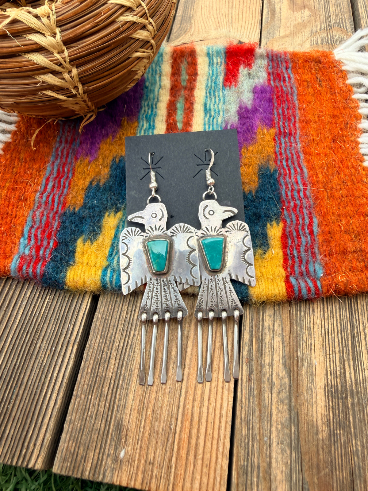 Handcrafted Sterling Silver & Turquoise Thunderbird Dangle Earrings by Vernon Begay