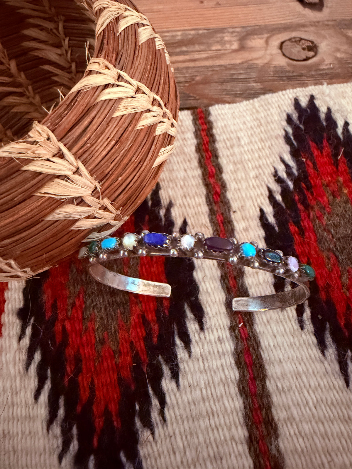 Handcrafted Old Pawn Sterling Silver & Multi Stone Cuff Bracelet