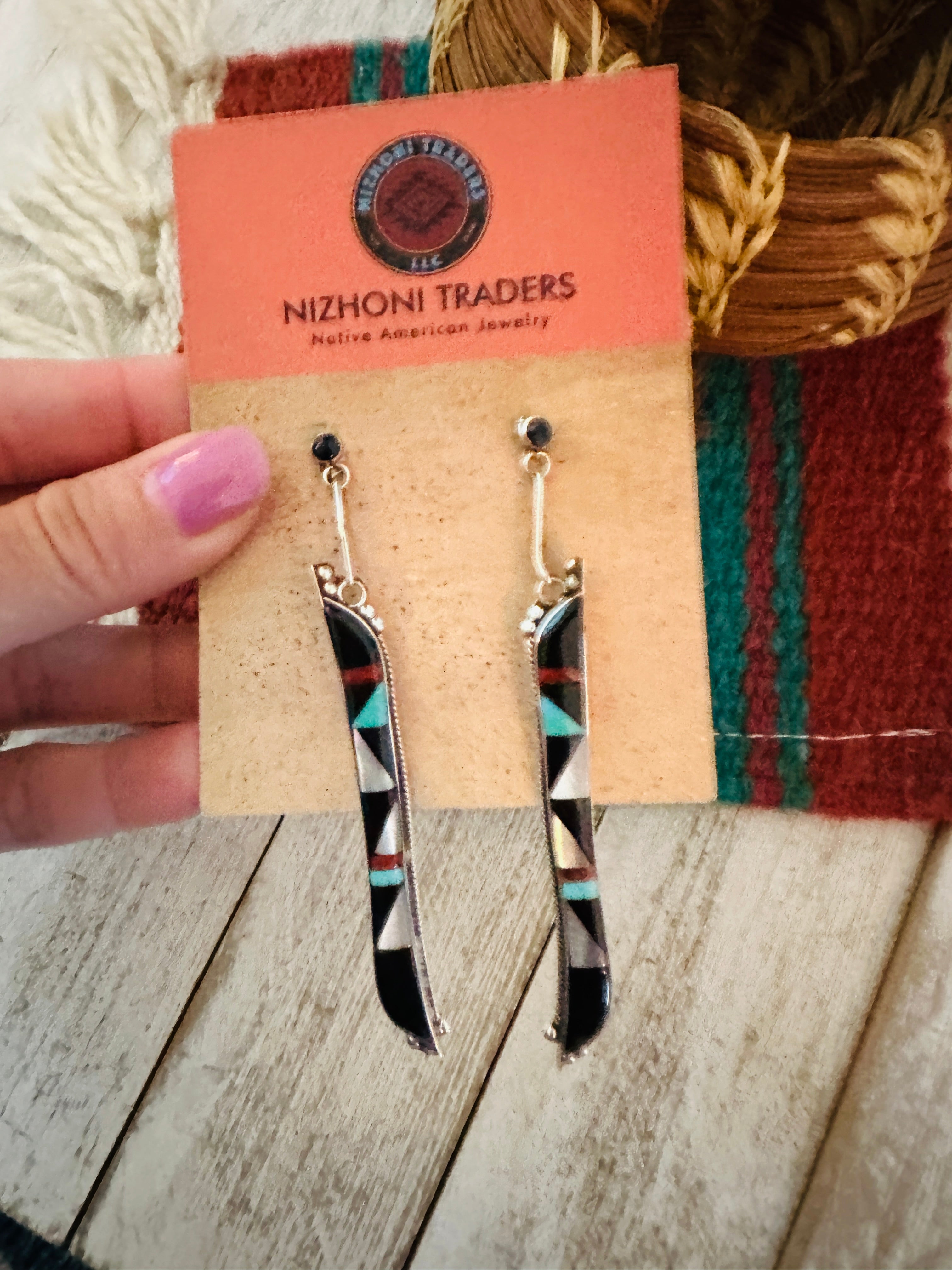 Zuni Multi Stone & Sterling Silver Inlay Dangle Earrings