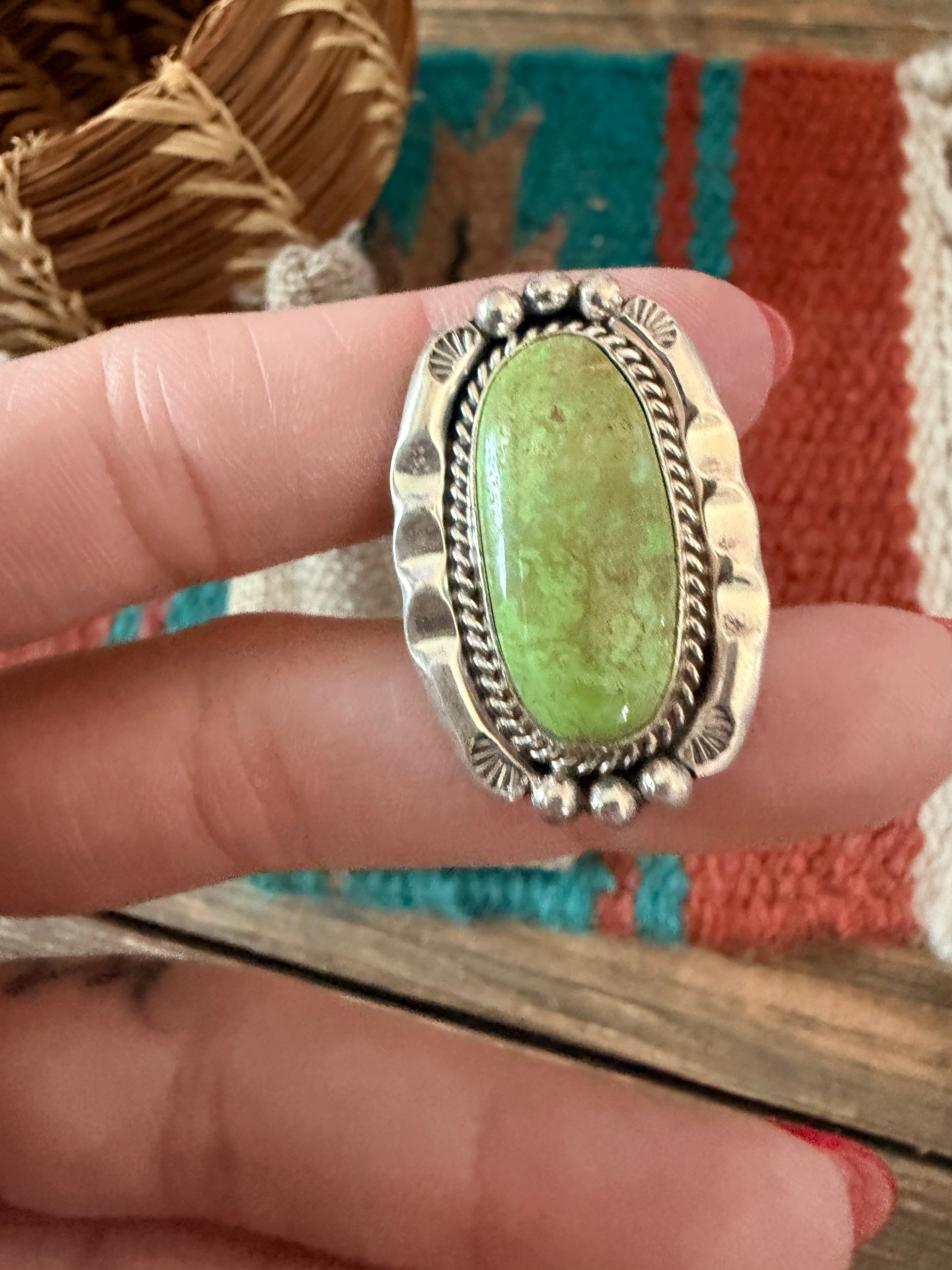 Handcrafted Green Turquoise & Sterling Silver Ring Size 6.75