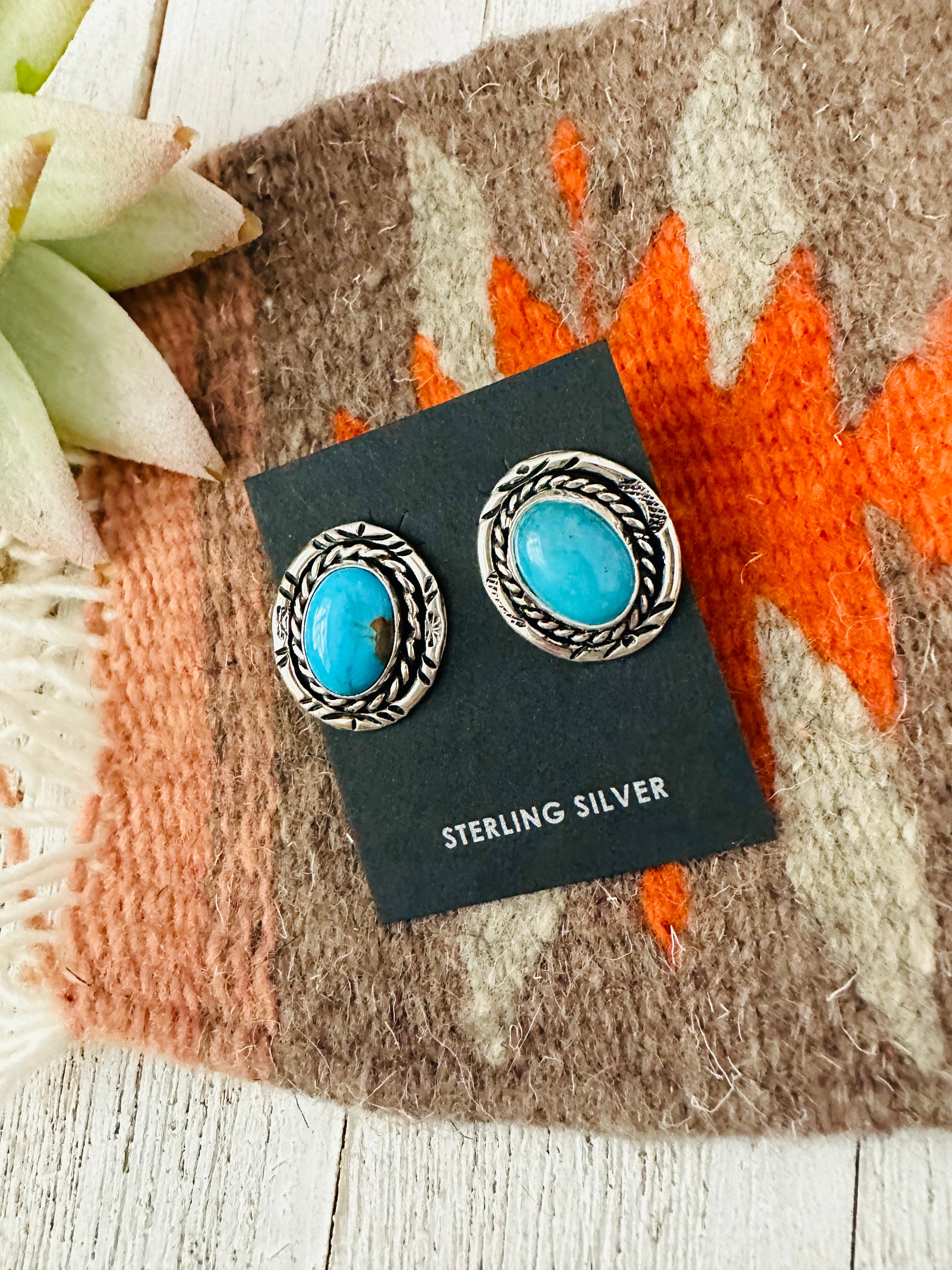 Navajo Turquoise and Sterling Silver Oval Post Earrings