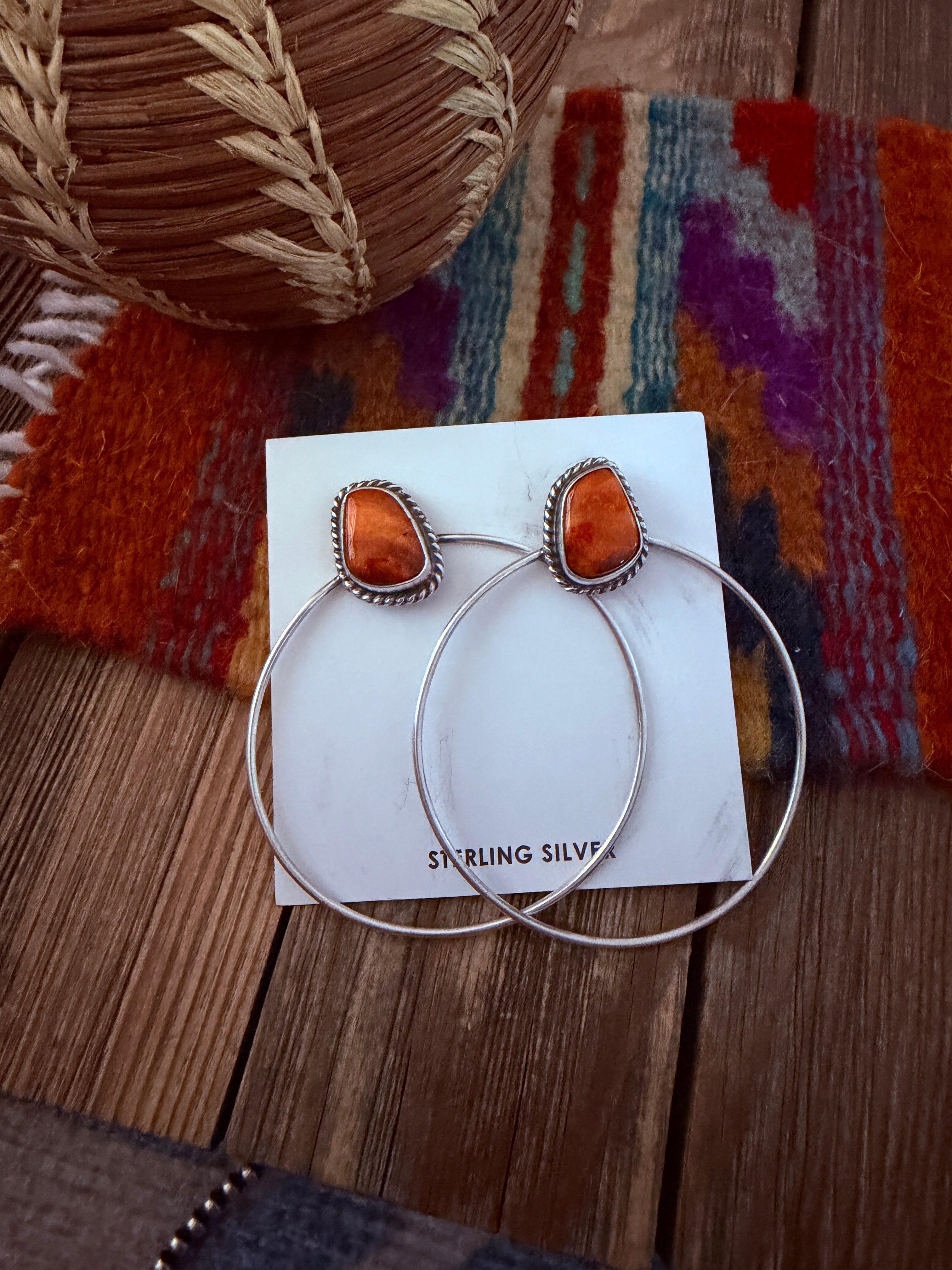 Handcrafted Orange Spiny and Sterling Silver Dangle Hoop Earrings by Elouise Kee