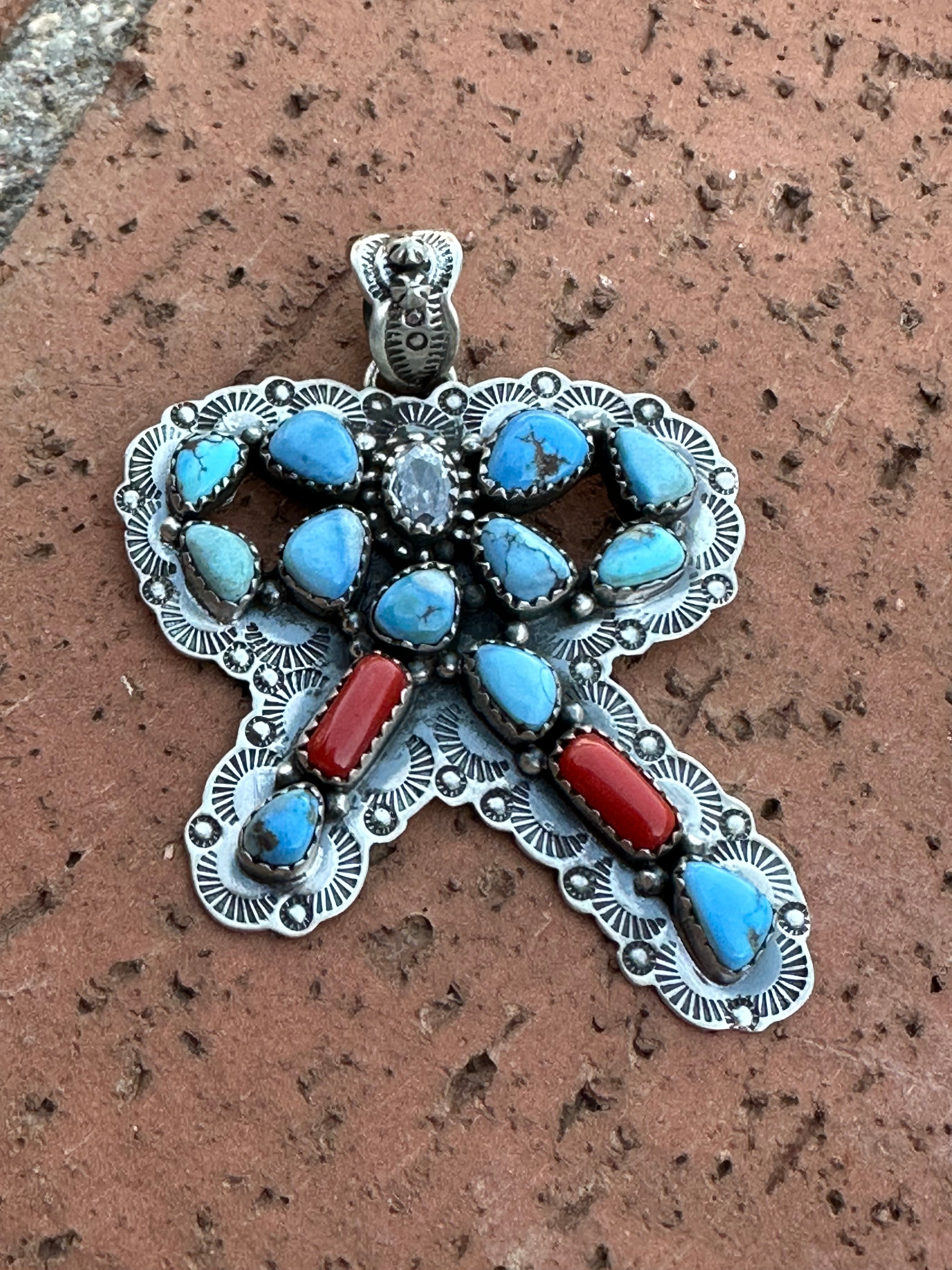 Handmade Sterling Silver, Coral & Golden Hills Turquoise Christmas Bow Pendant