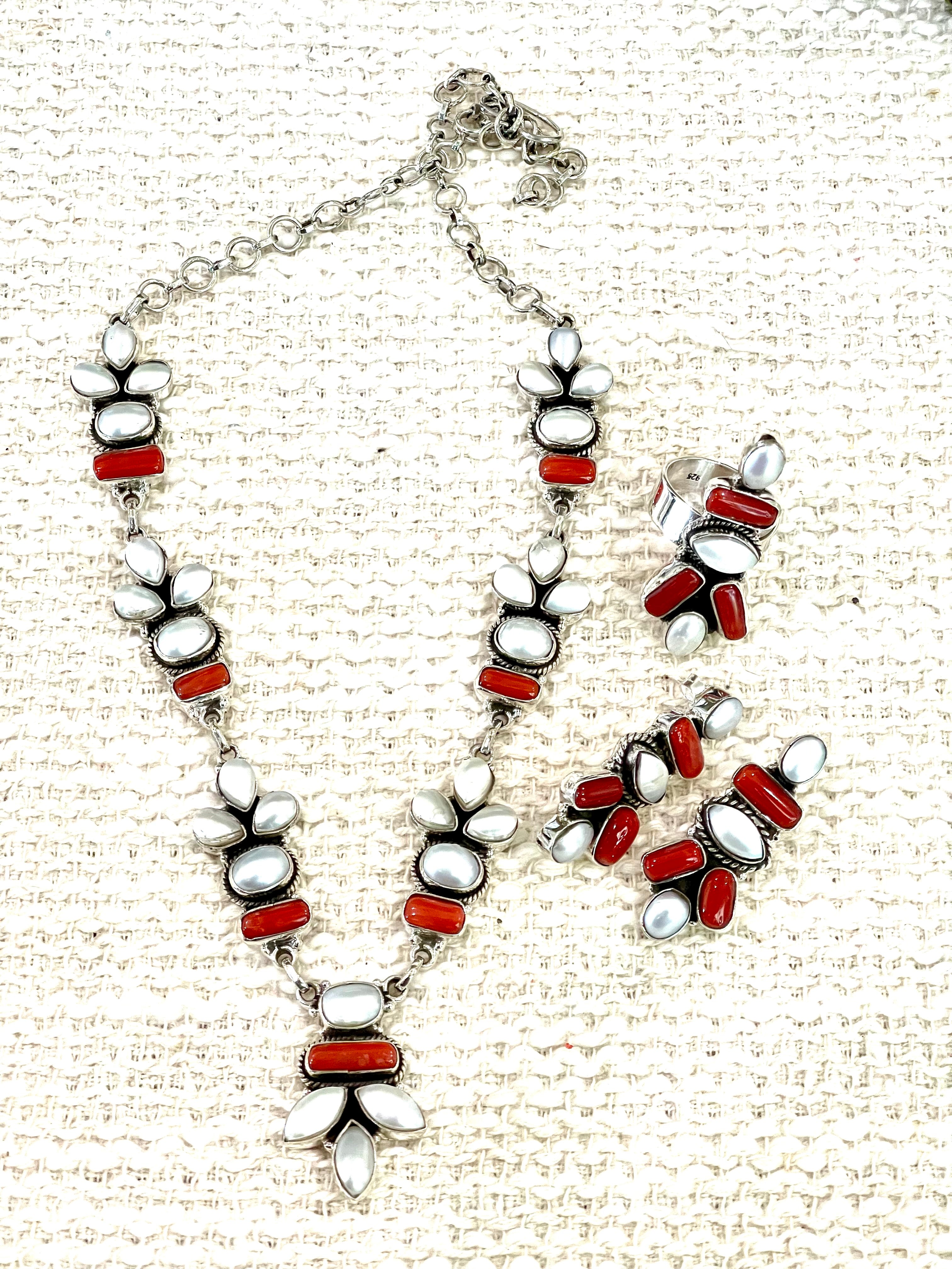 ** 4TH OF JULY ** Handmade Sterling , Silver Synthetic Opal & Coral Necklace, Earring & Ring Set with Signed Nizhoni