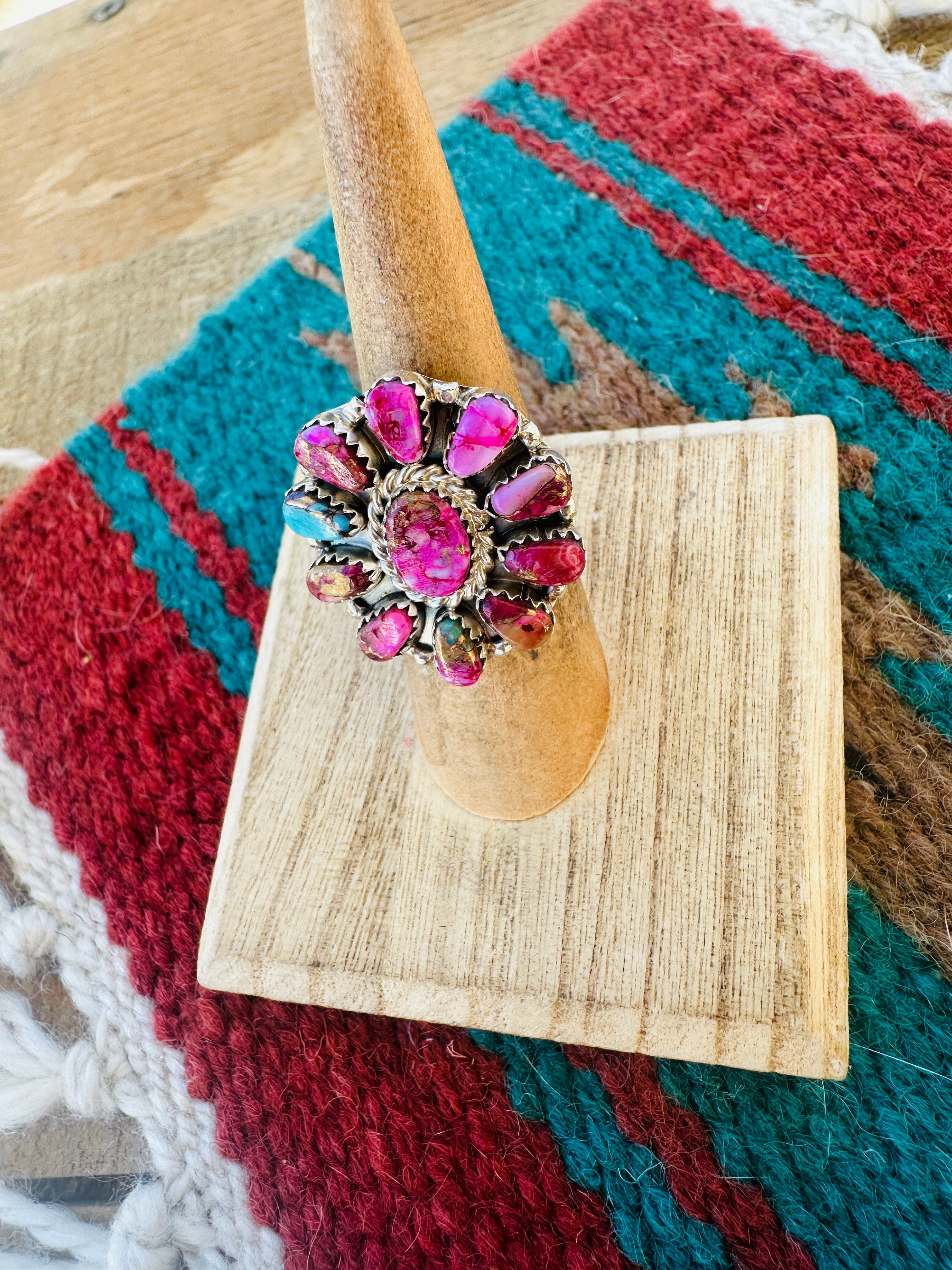 Navajo Pink Dream  & Sterling Silver Cluster Adjustable Ring