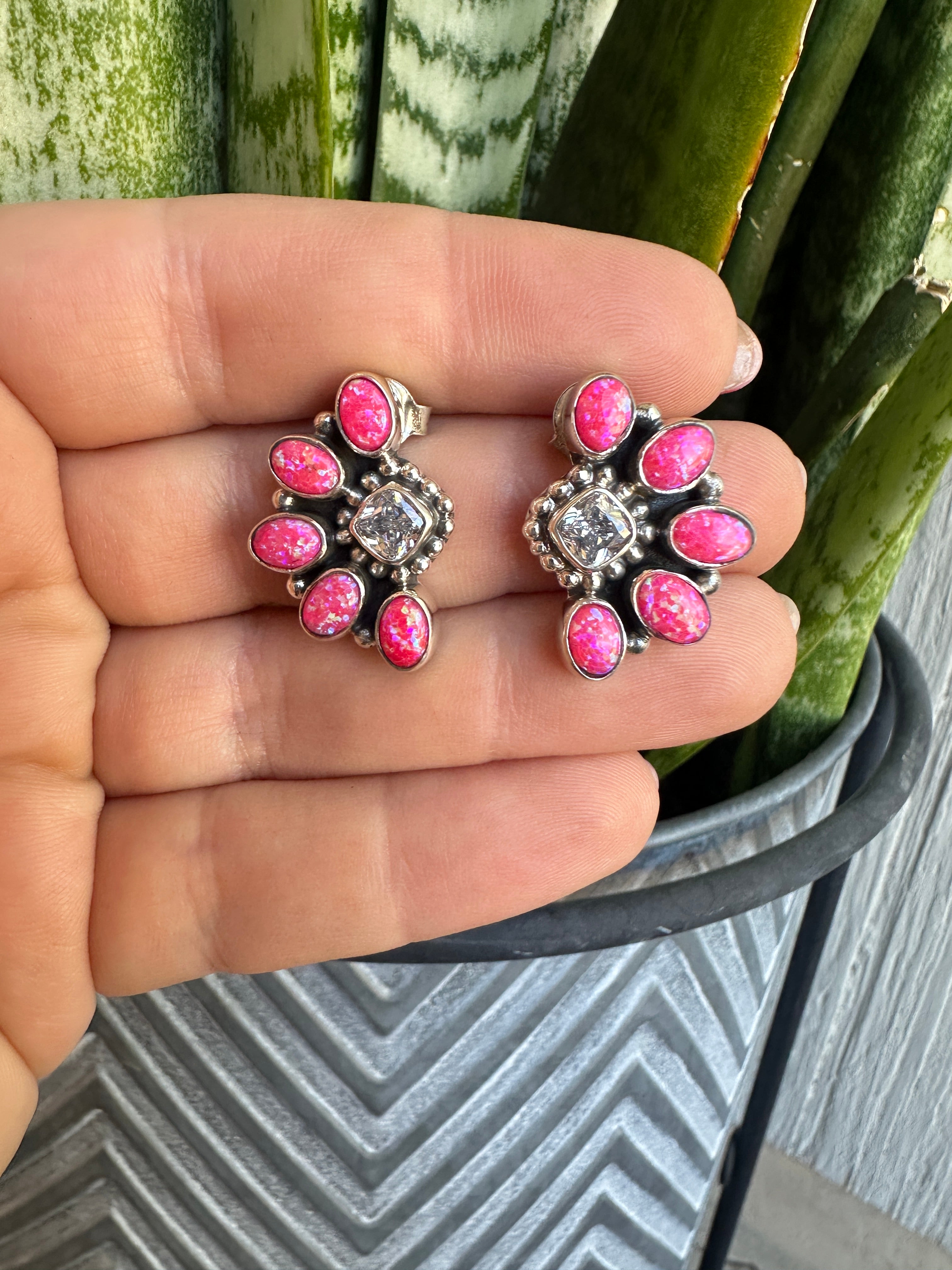 Handmade Hot Pink Fire Opal, CZ & Sterling Silver Cluster Crescent Post Earrings