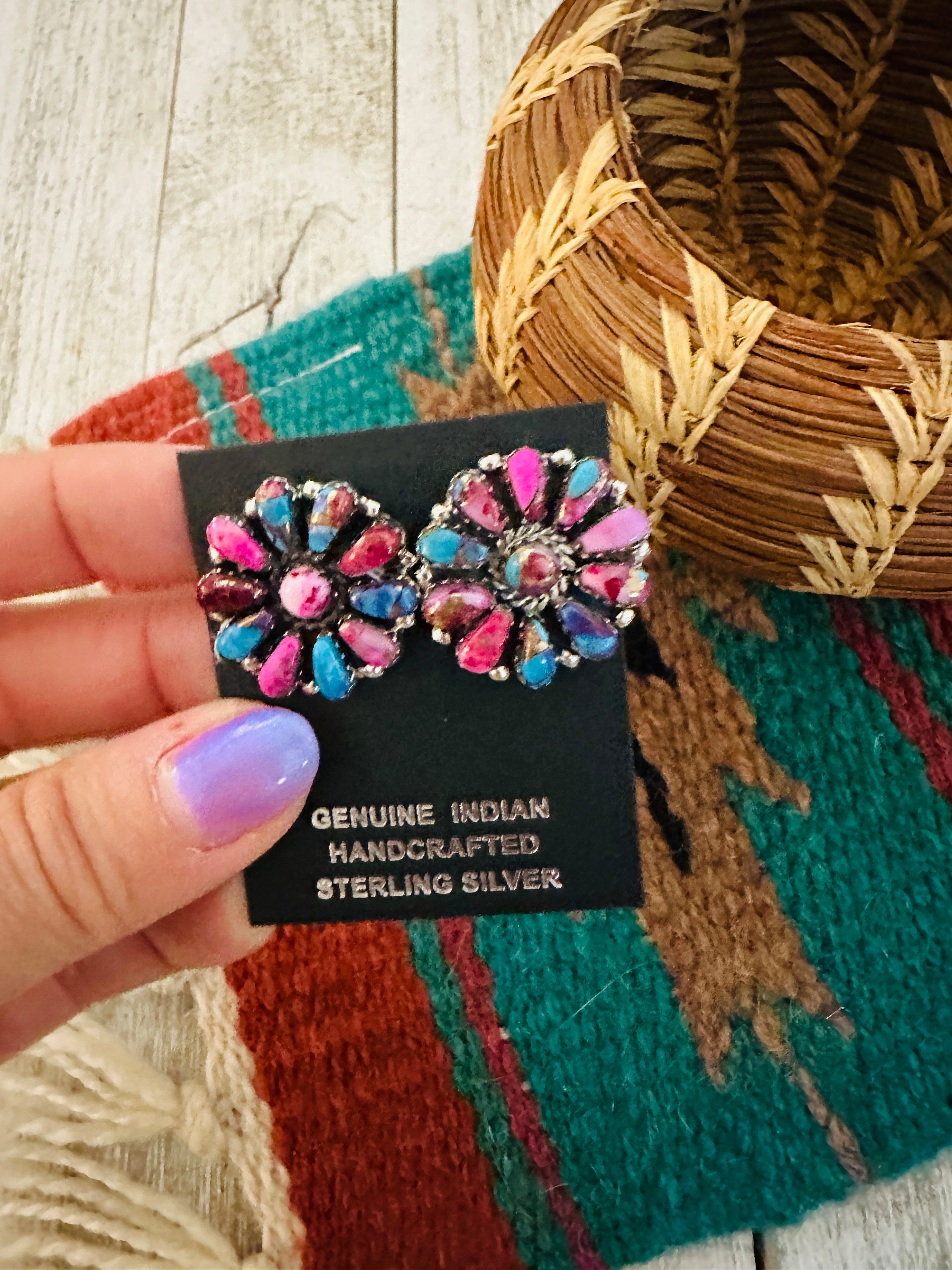 Navajo Pink Dream Mojave & Sterling Silver Cluster Post Earrings