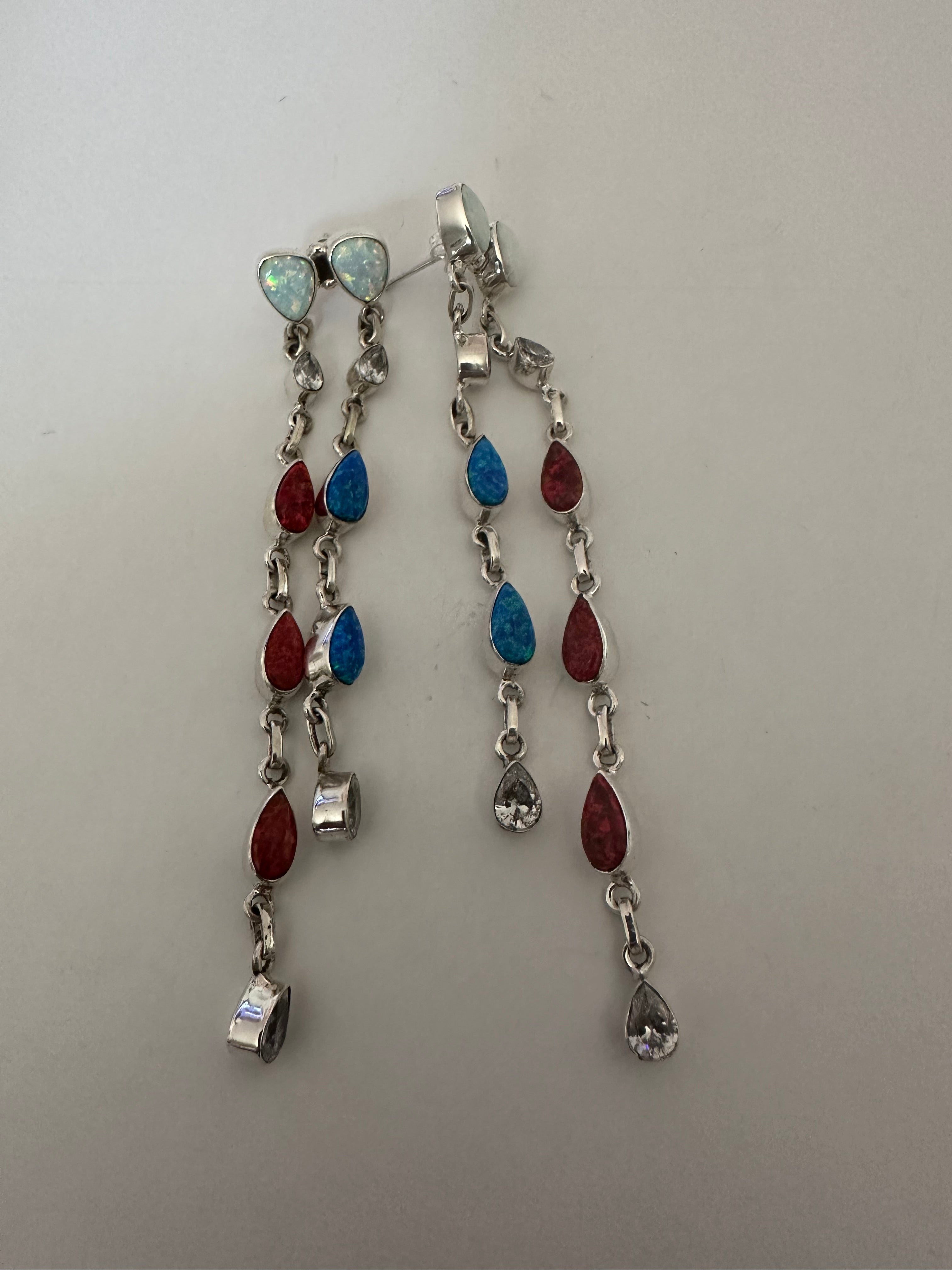 4th Of July Handmade Red, White & Blue Fire Opal and Sterling Silver Statement Dangles