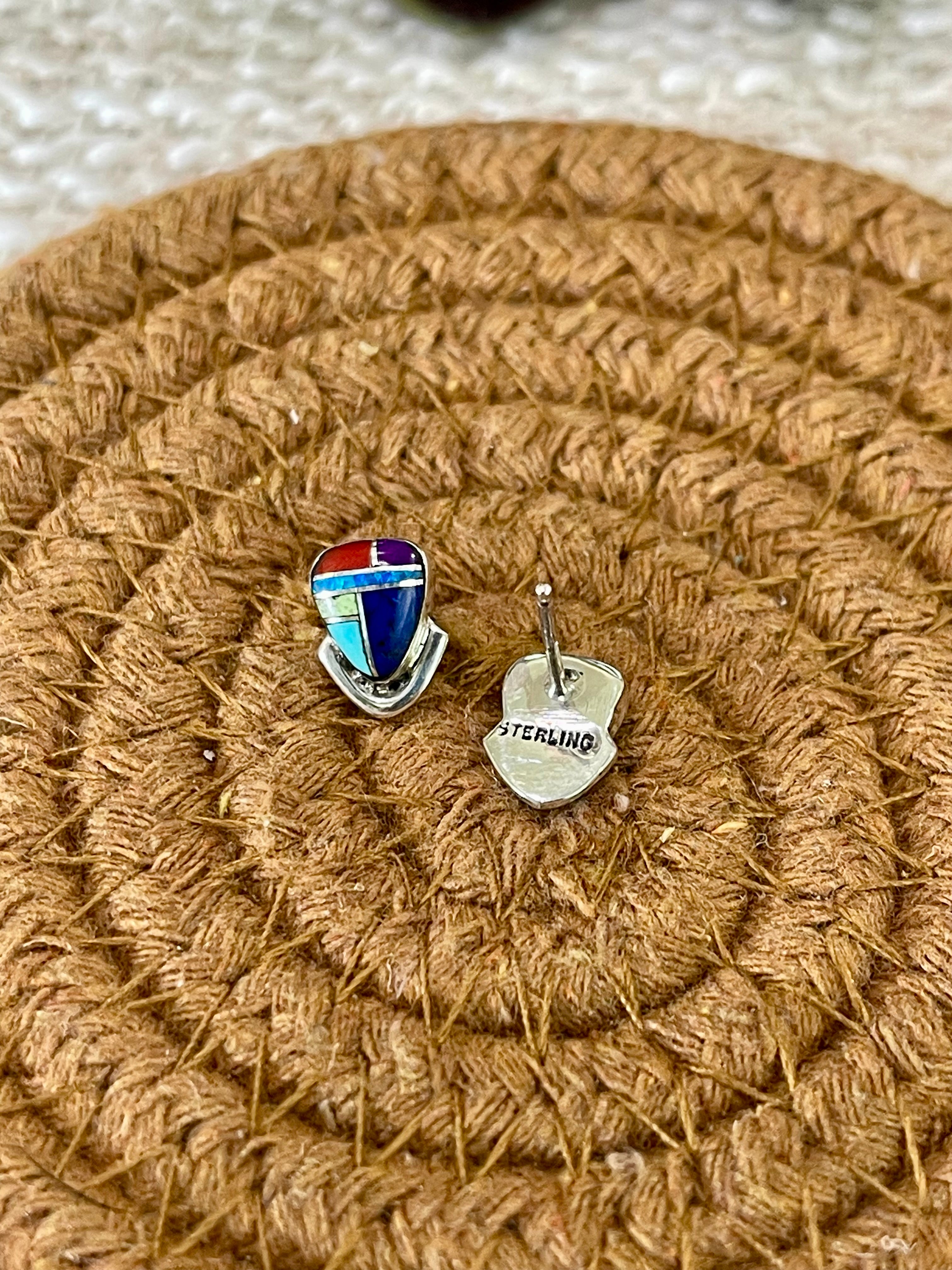 Beautiful Handmade Sterling Silver & Multi Stone Inlay Stud Earrings