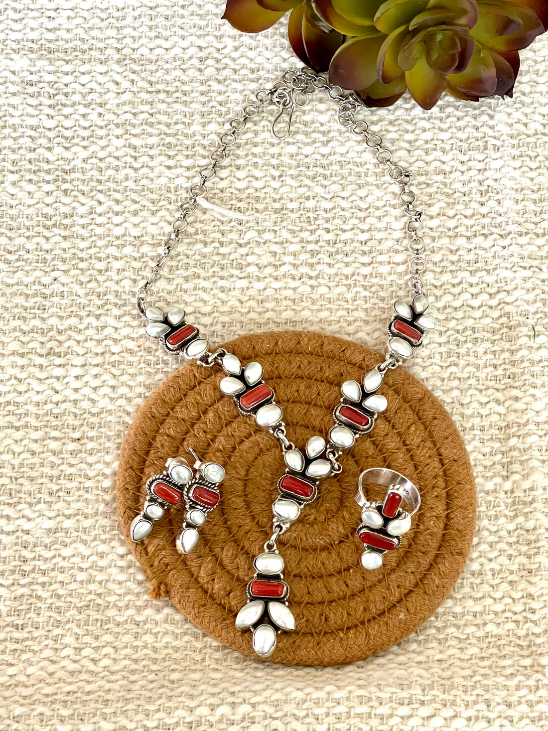 ** 4TH OF JULY ** Handmade Sterling , Silver Synthetic Opal & Coral Necklace, Earring & Ring Set with Signed Nizhoni