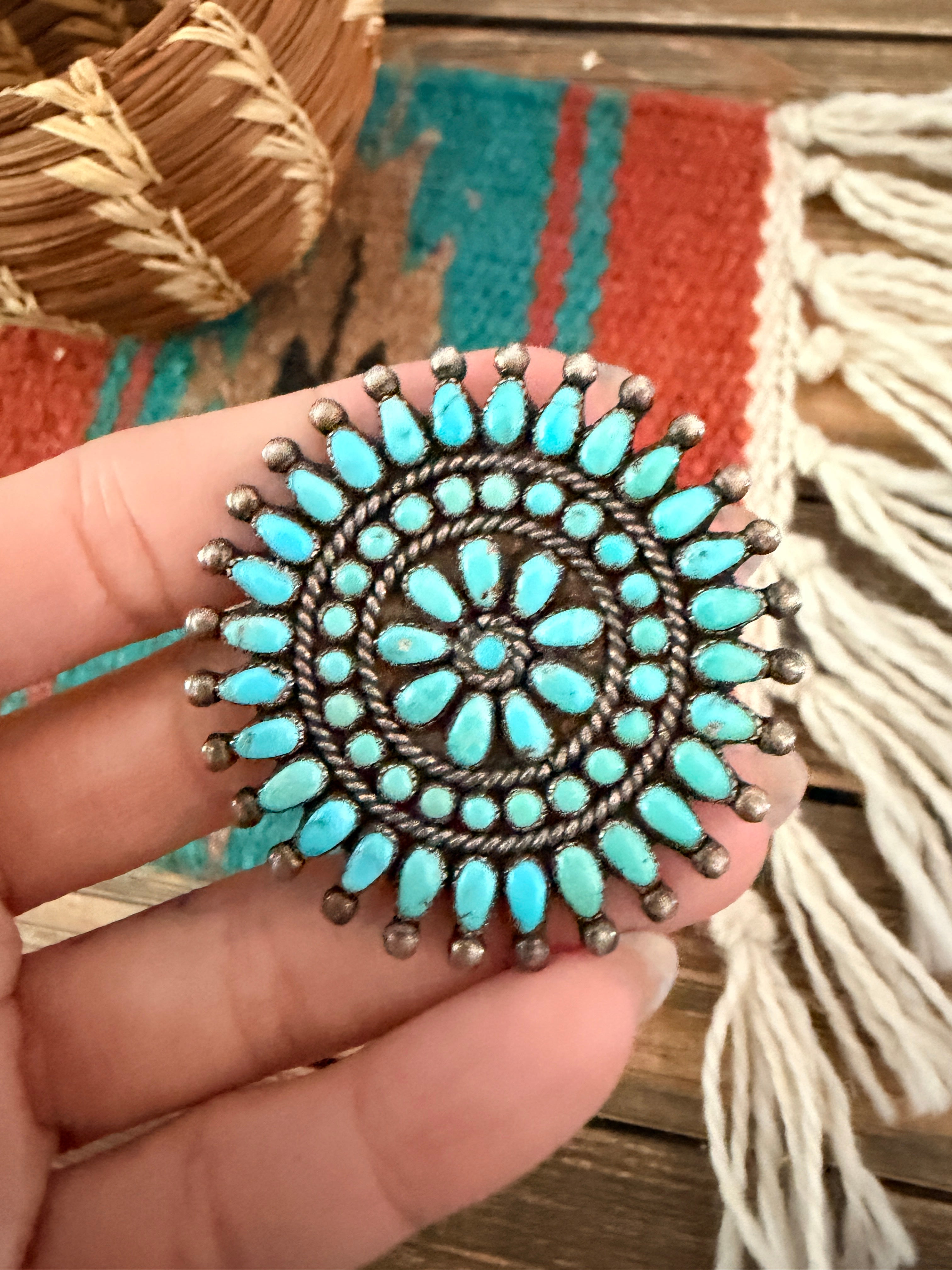 Old Pawn Handcrafted Turquoise and Sterling Silver Cluster Brooch