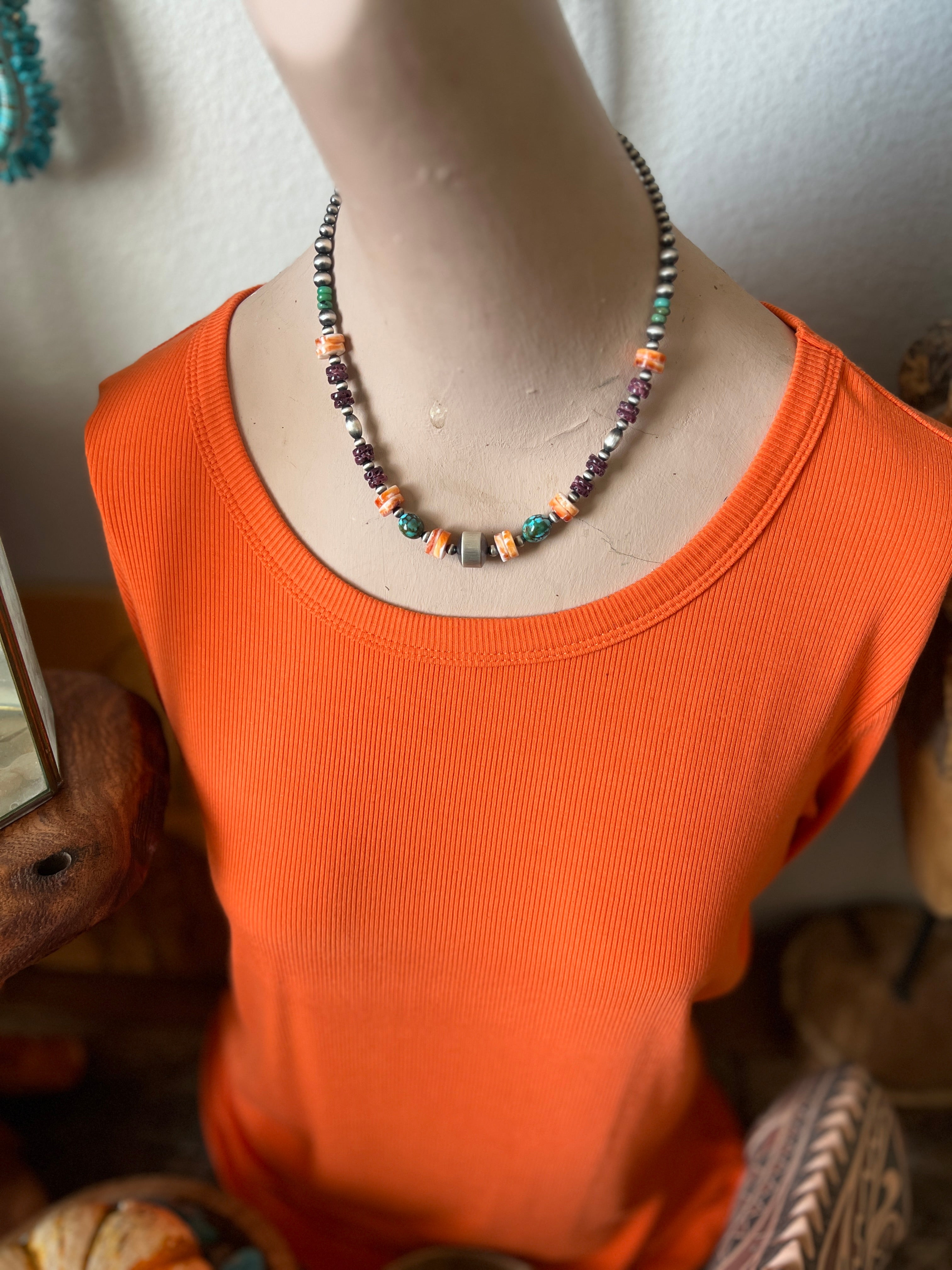 Handcrafted Sterling Silver, Kingman Turquoise and Spiny Oyster Shell Electric Rainbow Beaded Necklace, 16” + 2”