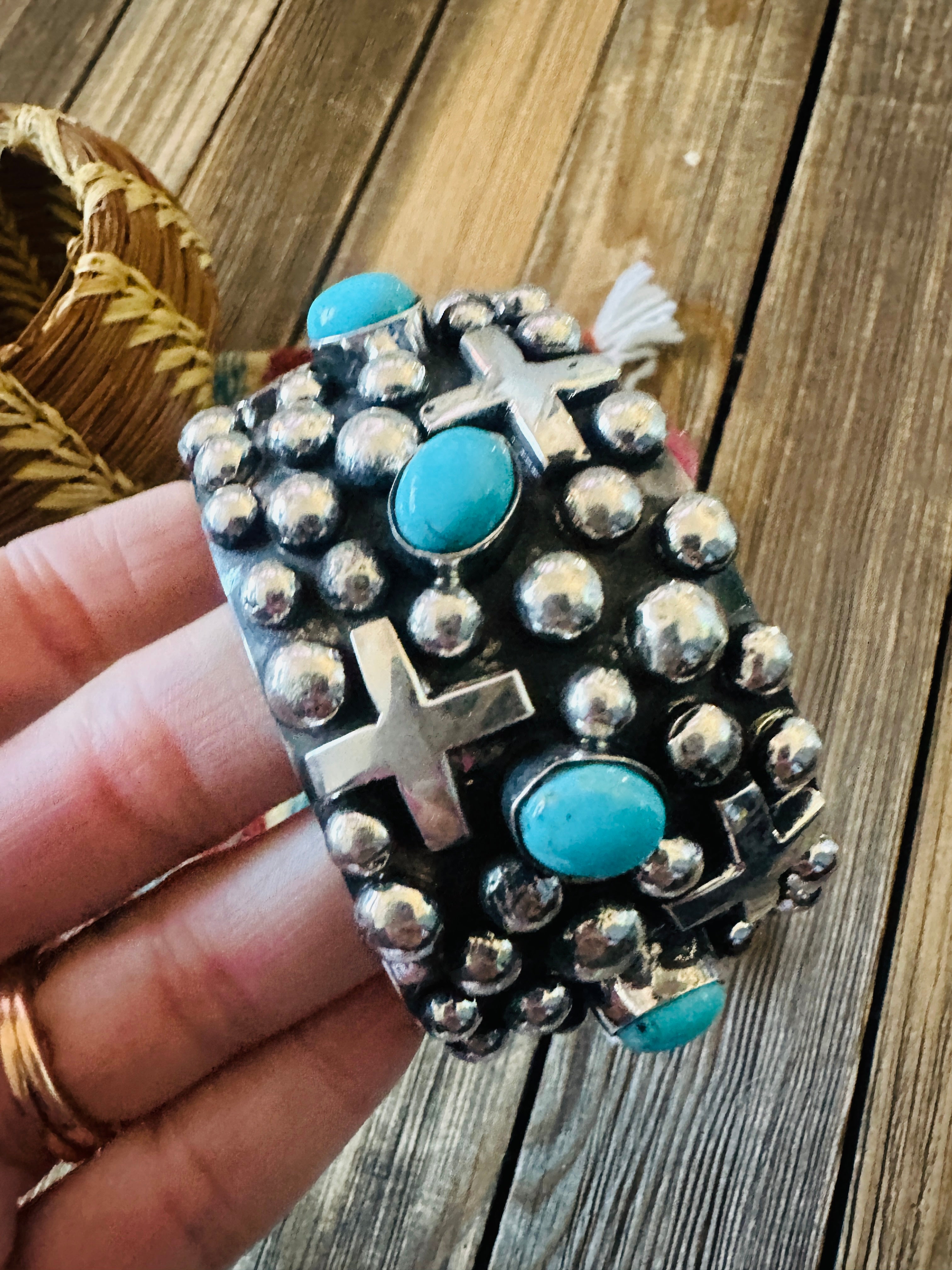 Handcrafted Turquoise & Sterling Silver Cross Cuff Bracelet By Chimney Butte