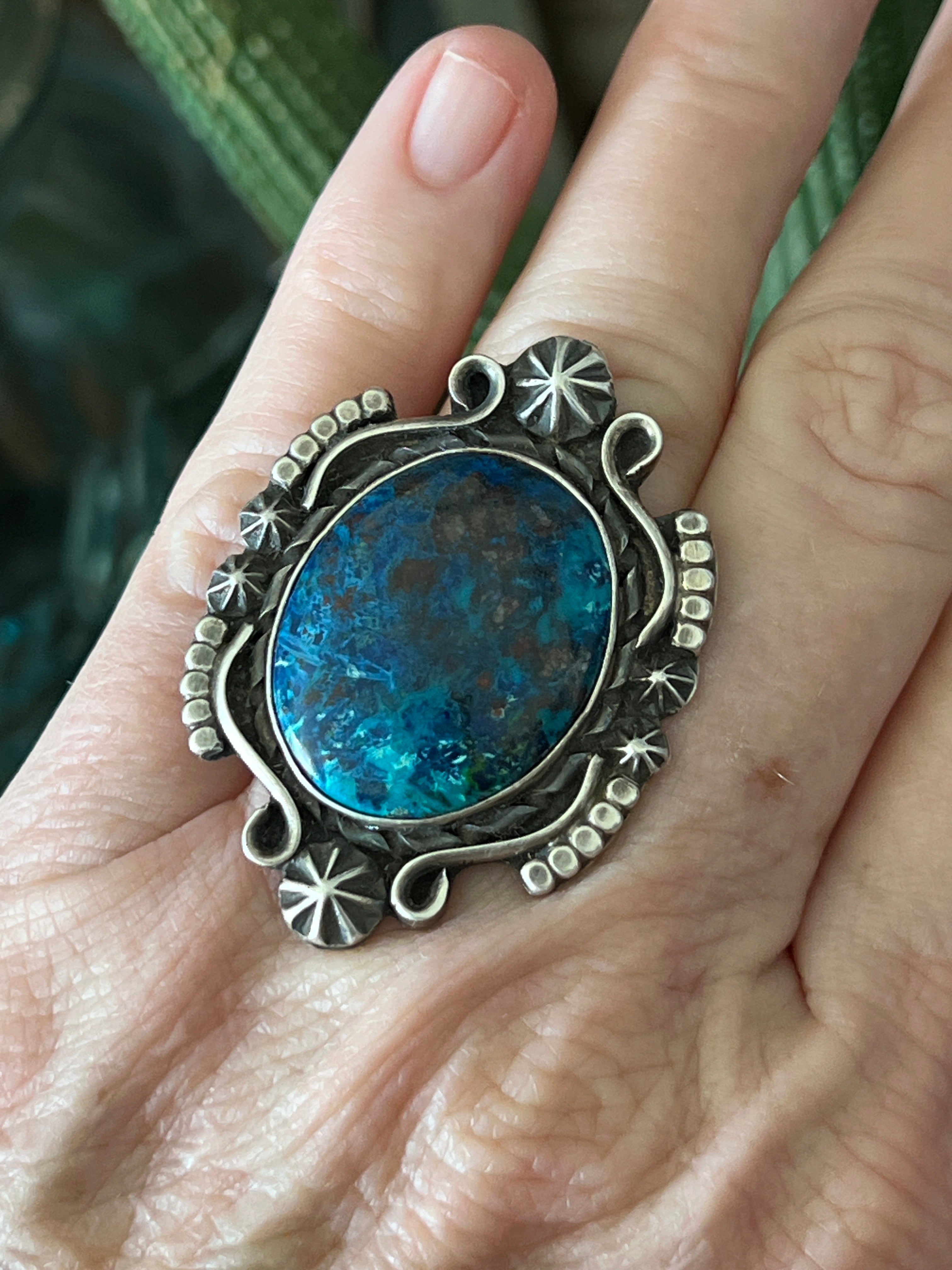Apache Sterling Silver and Chrysocolla Azurite Ring by Rosella Paxson, Size 7