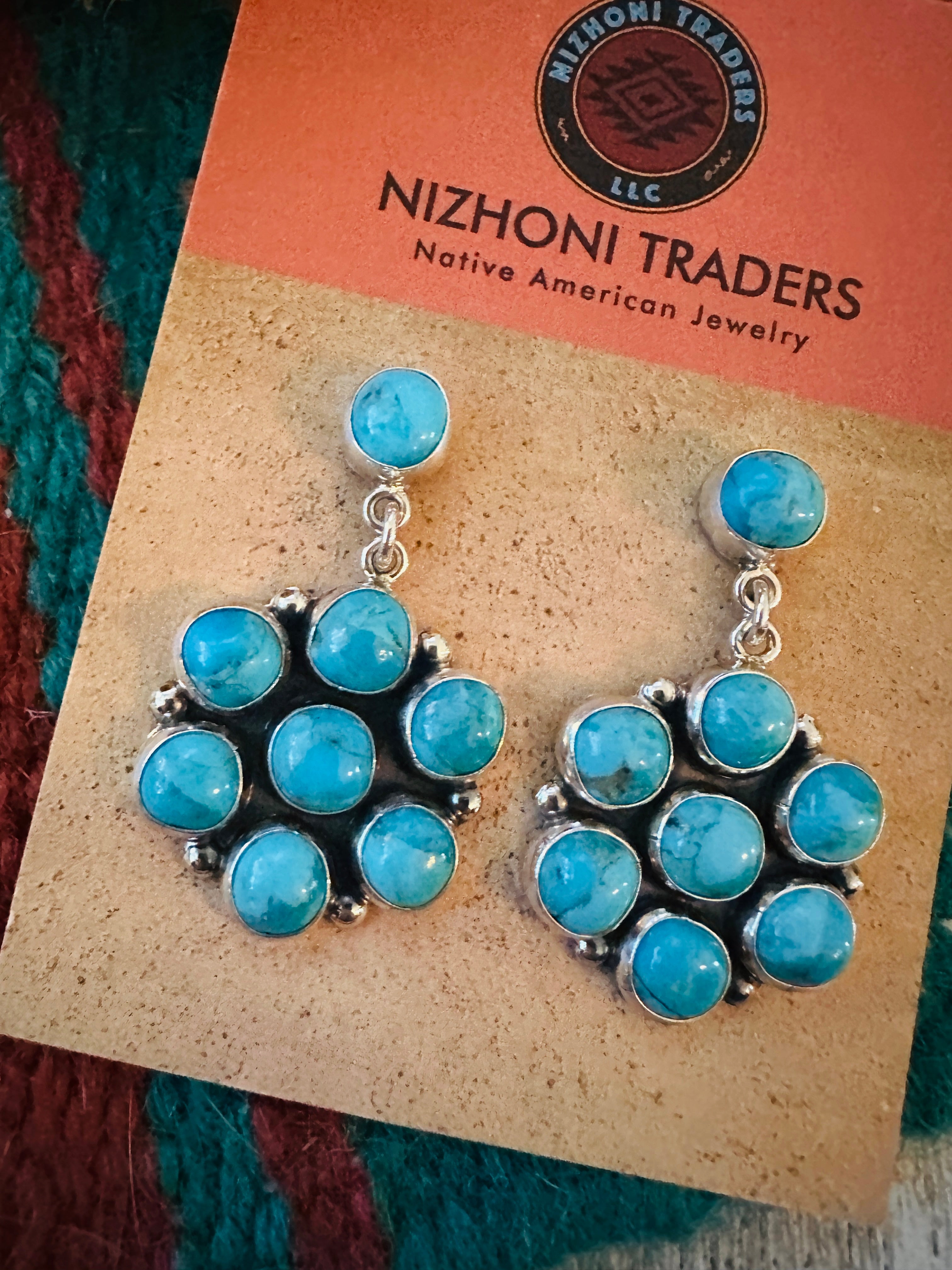Handcrafted Sterling Silver & Turquoise Cluster Dangle Earrings