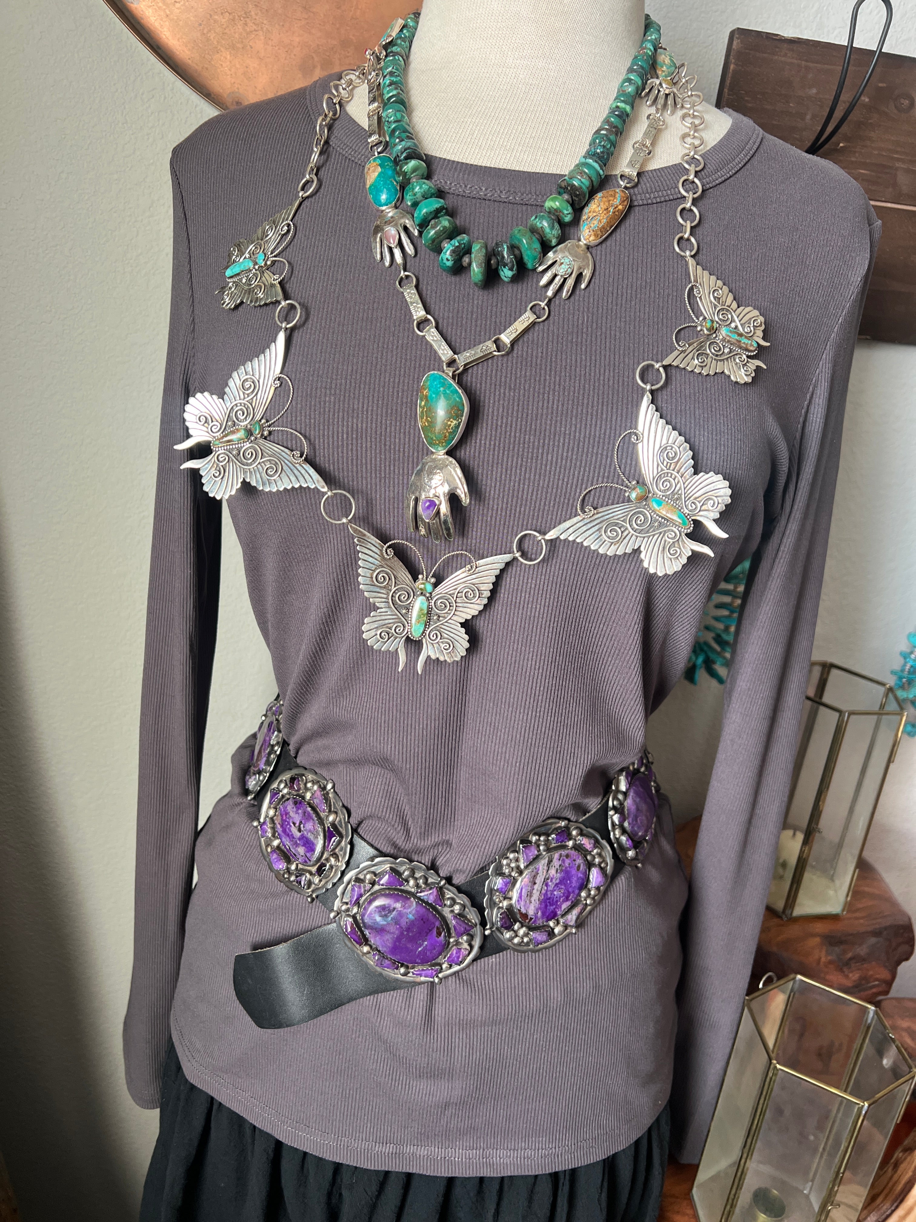 Lee Charley Handcrafted Sterling Silver and Turquoise Butterfly Lover’s Link Necklace, Belt or Hat Adornment