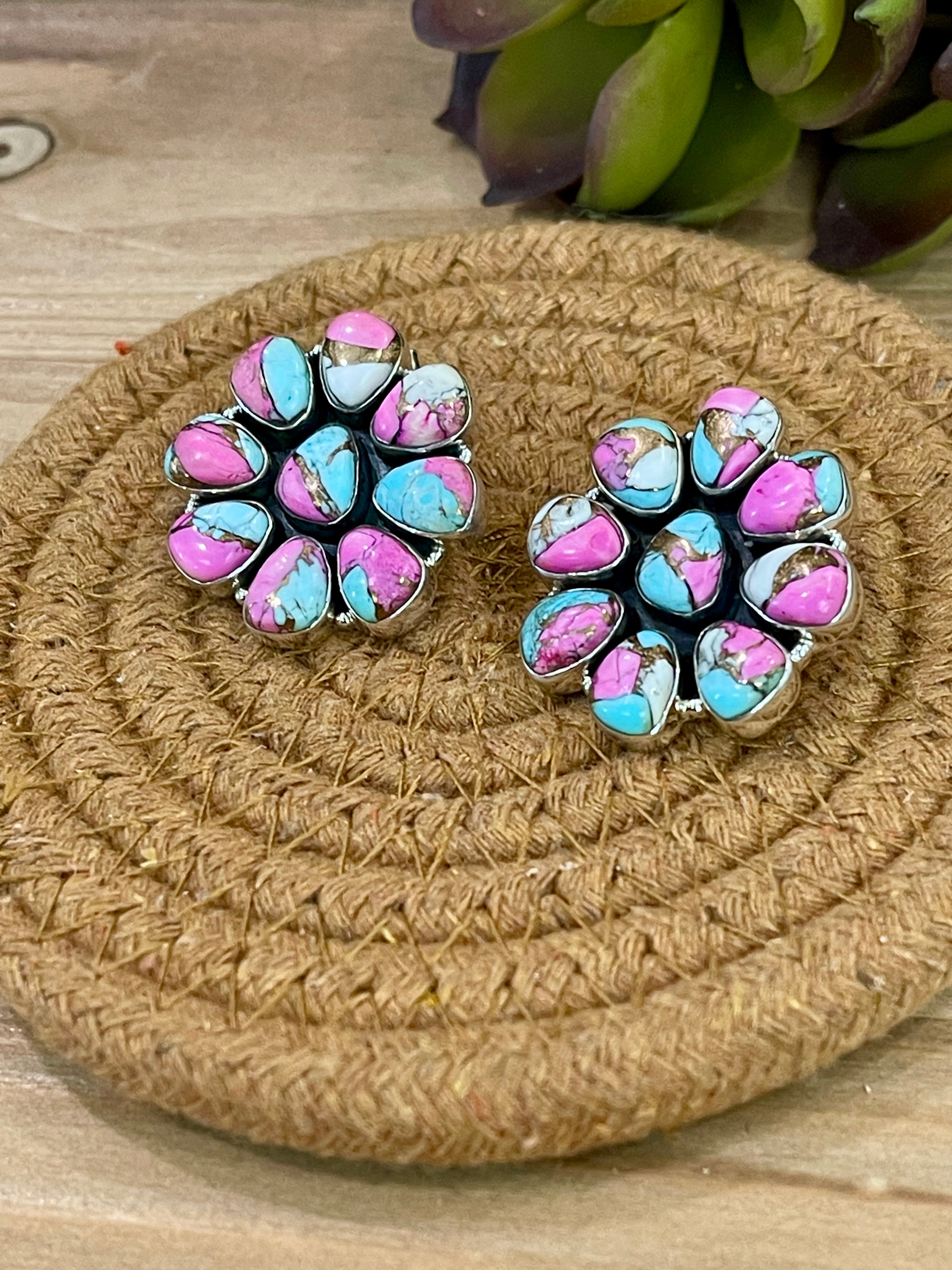 Handmade Sterling Silver Cotton Candy Turquoise Post Earrings with Signed Nizhoni