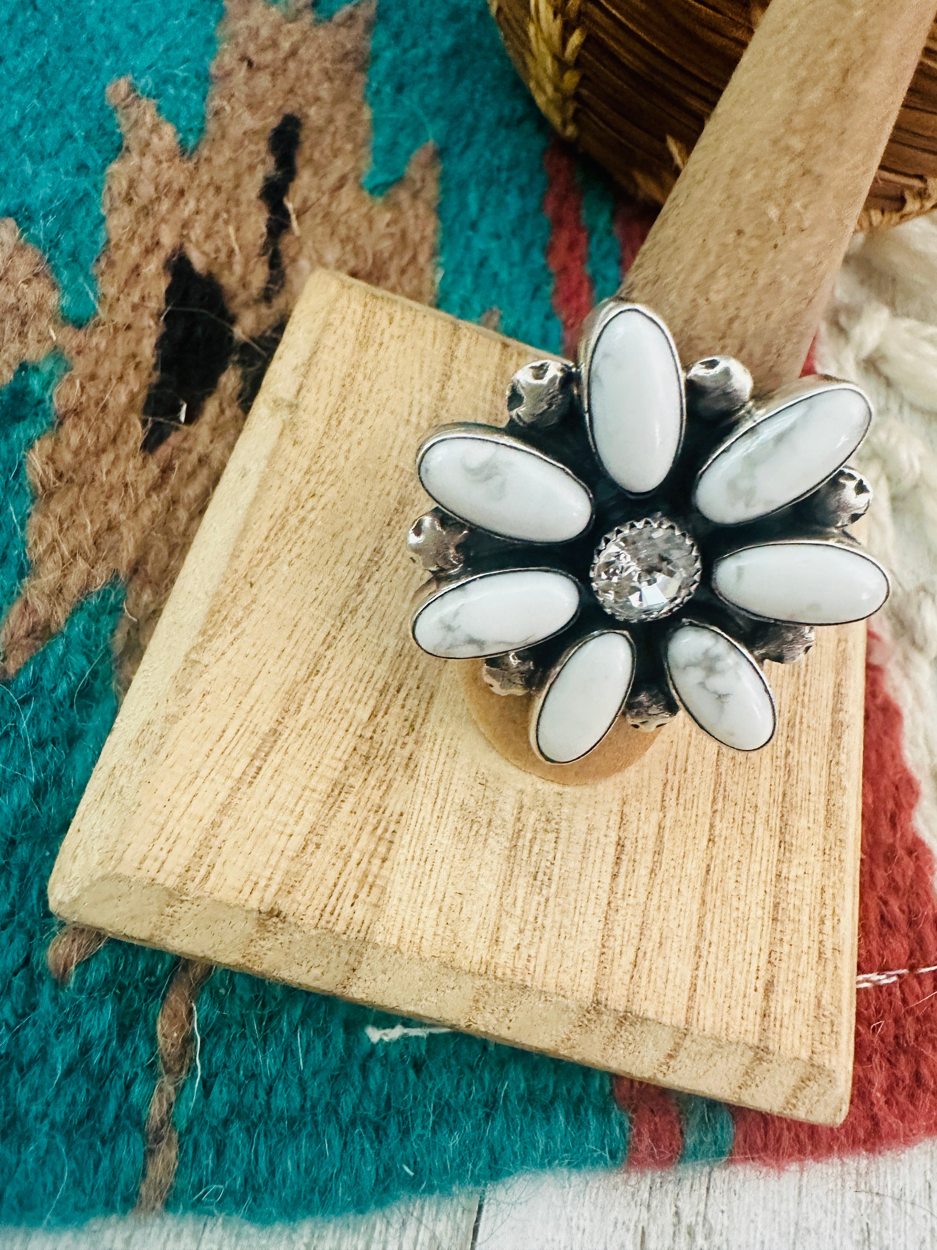 Navajo Sterling Silver, White Buffalo & CZ Cluster Ring Size 8