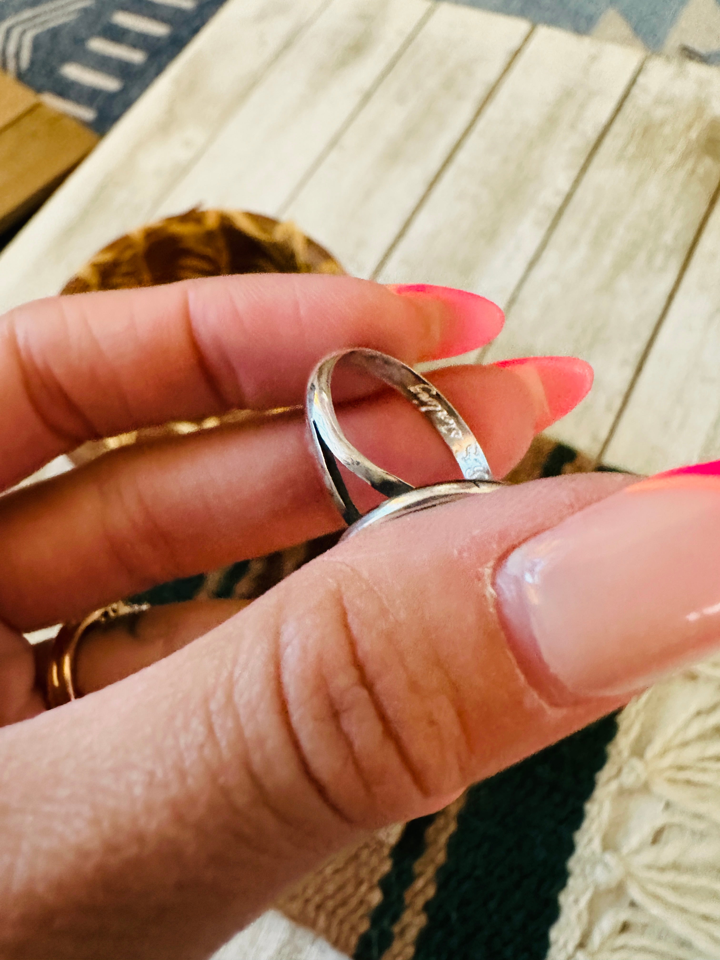 Handcrafted Old Pawn  Sterling Silver & Red Spiny Ring Size 9.25