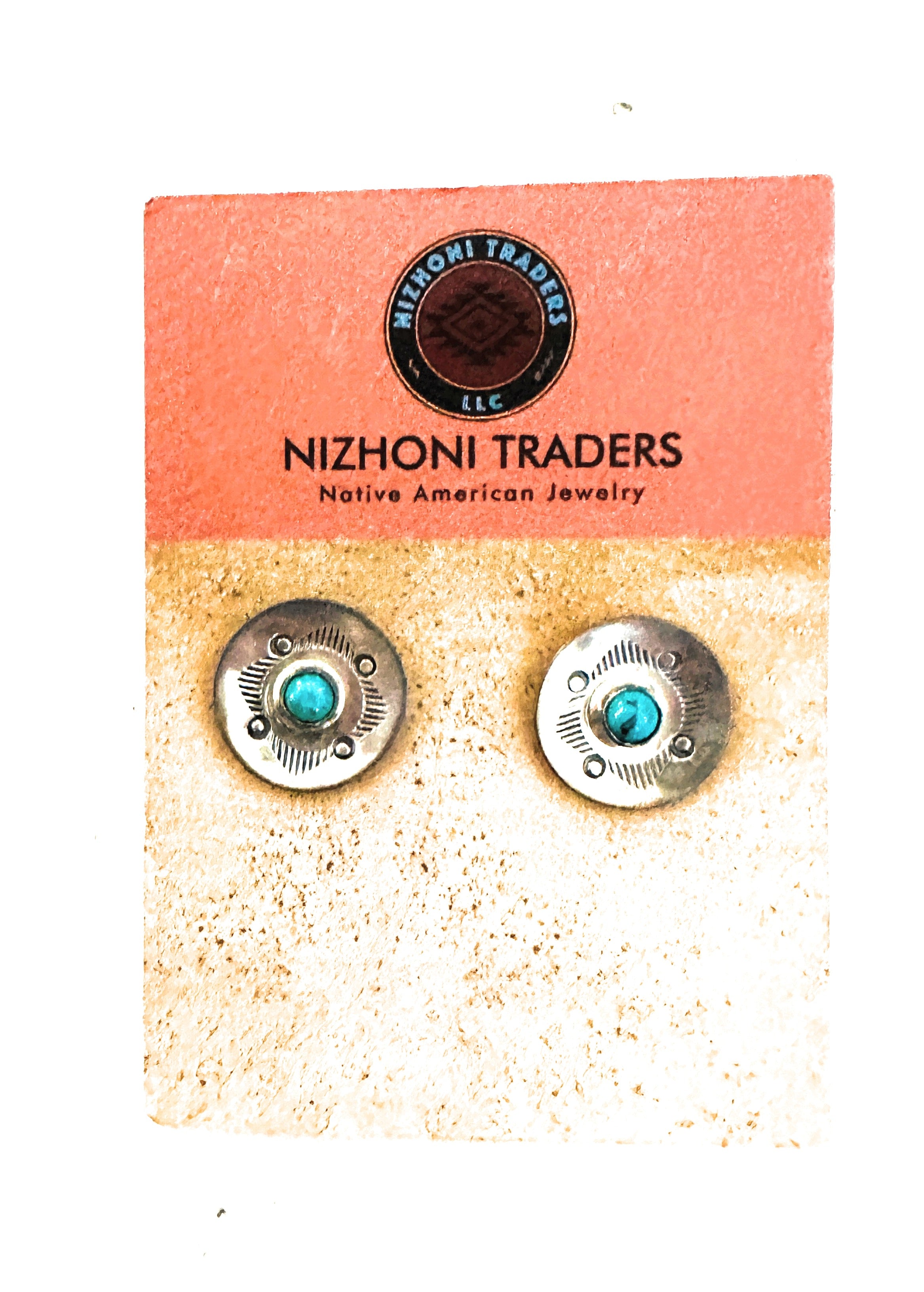 Navajo Hand Stamped Sterling Silver & Turquoise Concho Stud Earrings