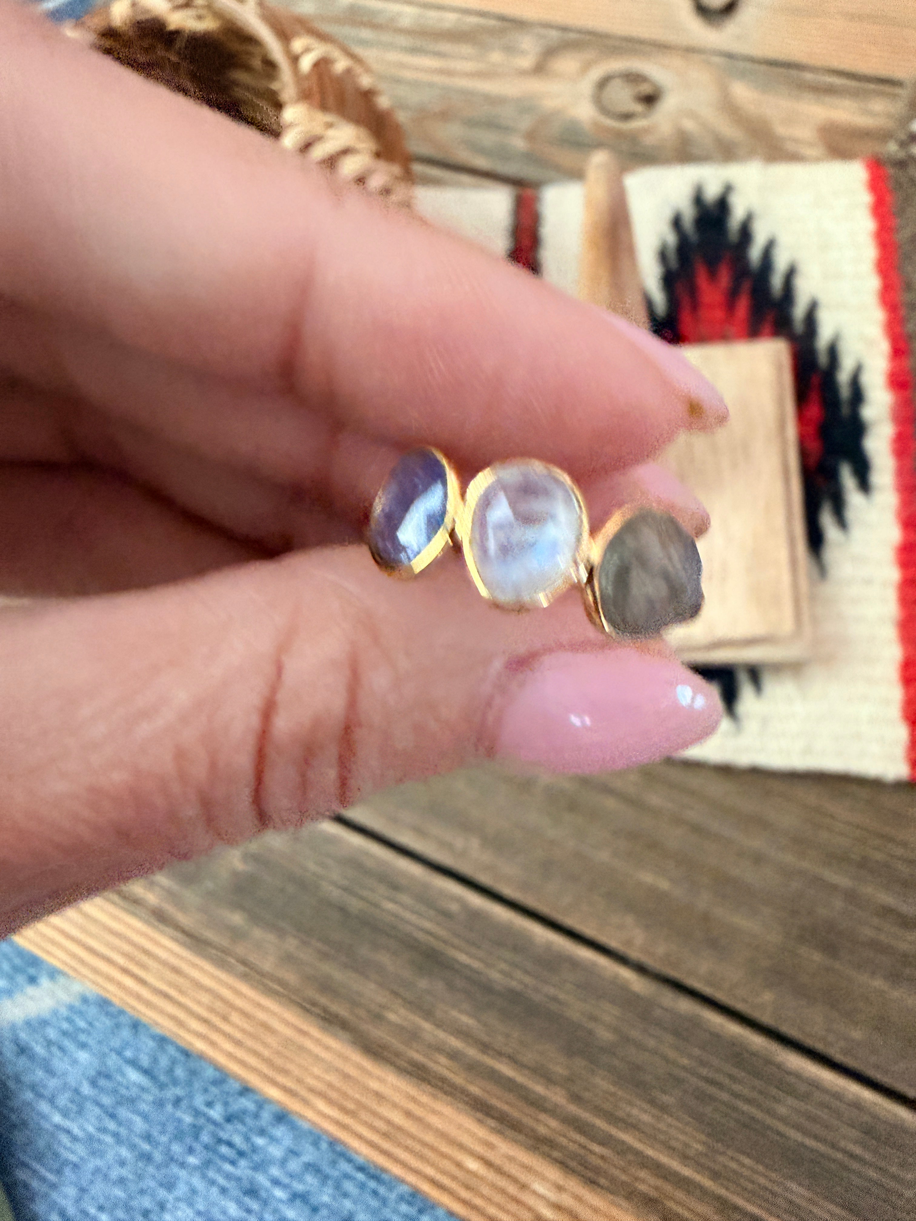Handmade 18K Gold Vermeil Sterling Silver & Multi Stone Ring Size 8
