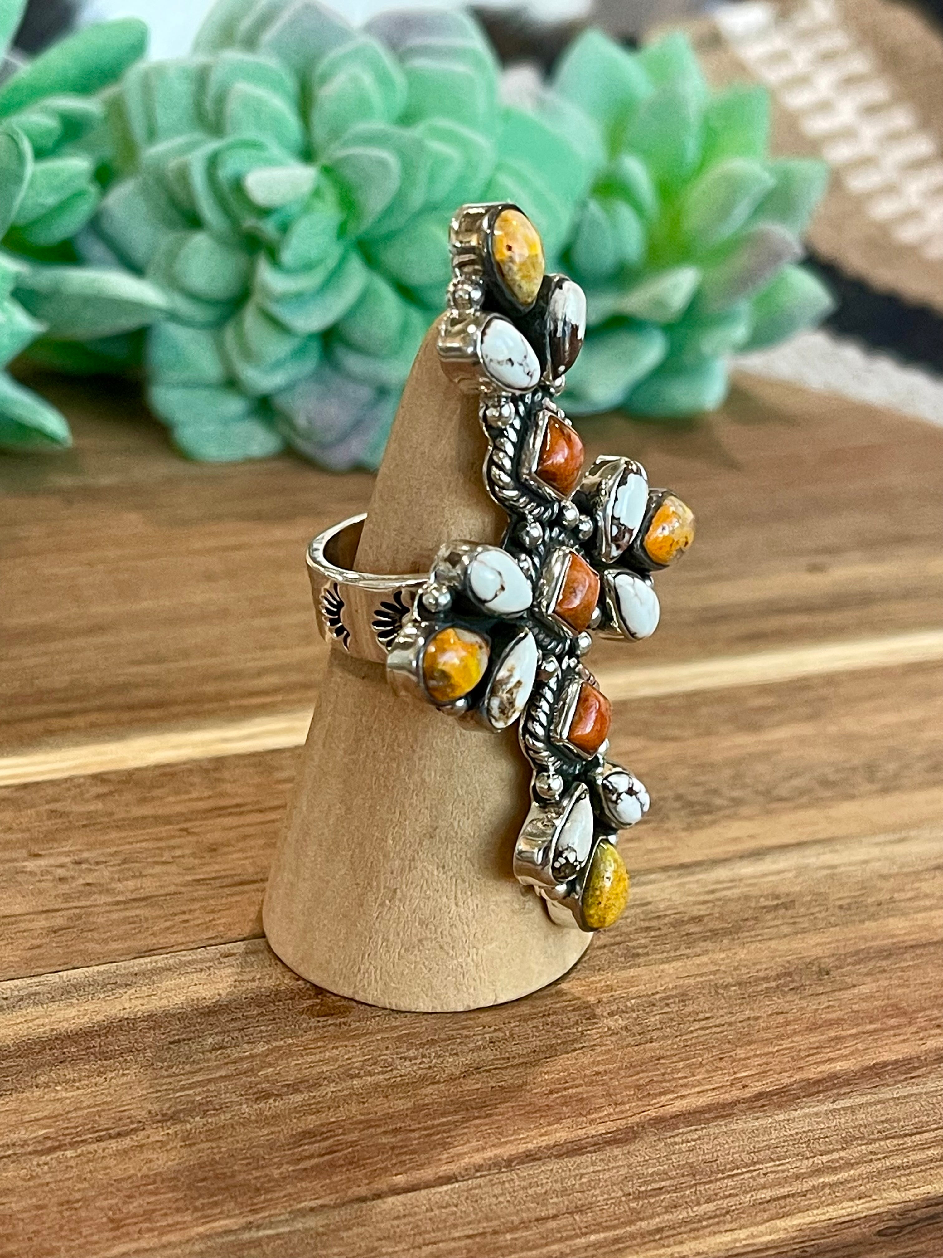 Beautiful Handmade Bumble Bee, Orange Mojave, Wild Horse And Sterling Silver Adjustable Ring