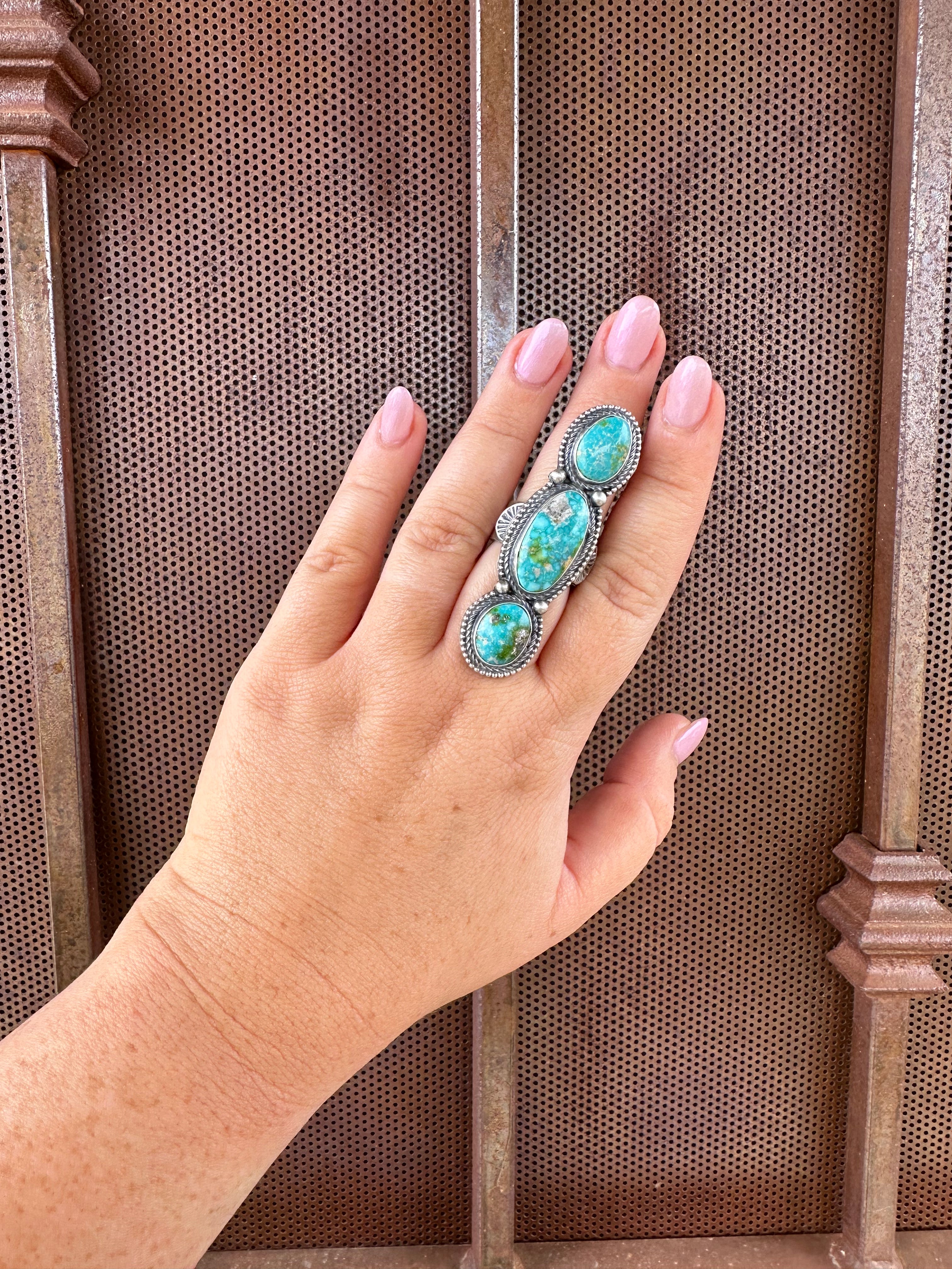 Navajo Sonoran Gold Turquoise & Sterling Silver 3 Stone Ring Size 8 Signed