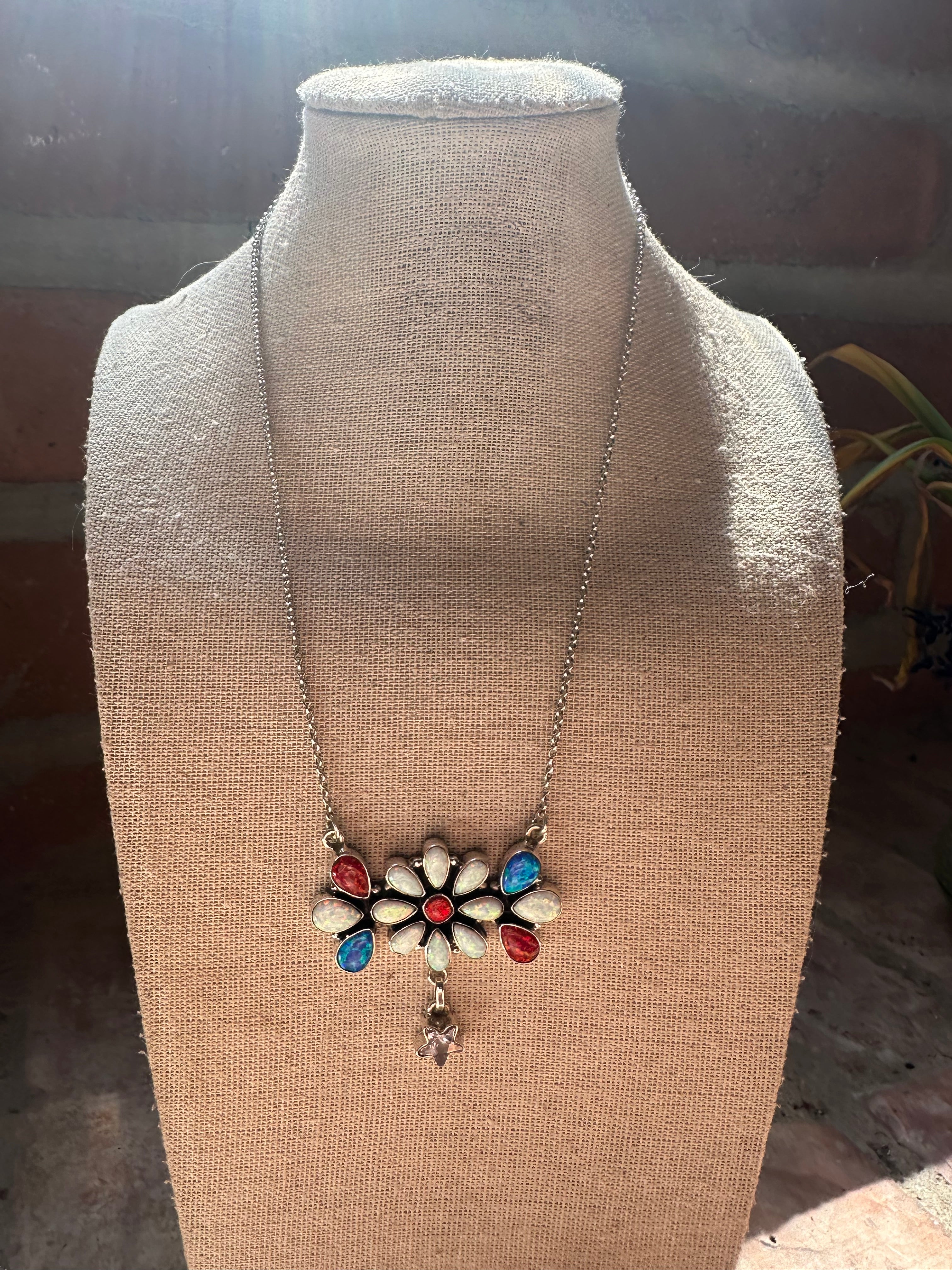 4th Of July Collection Handmade Sterling Silver & Red, White & Blue Fire Opal Cluster Necklace